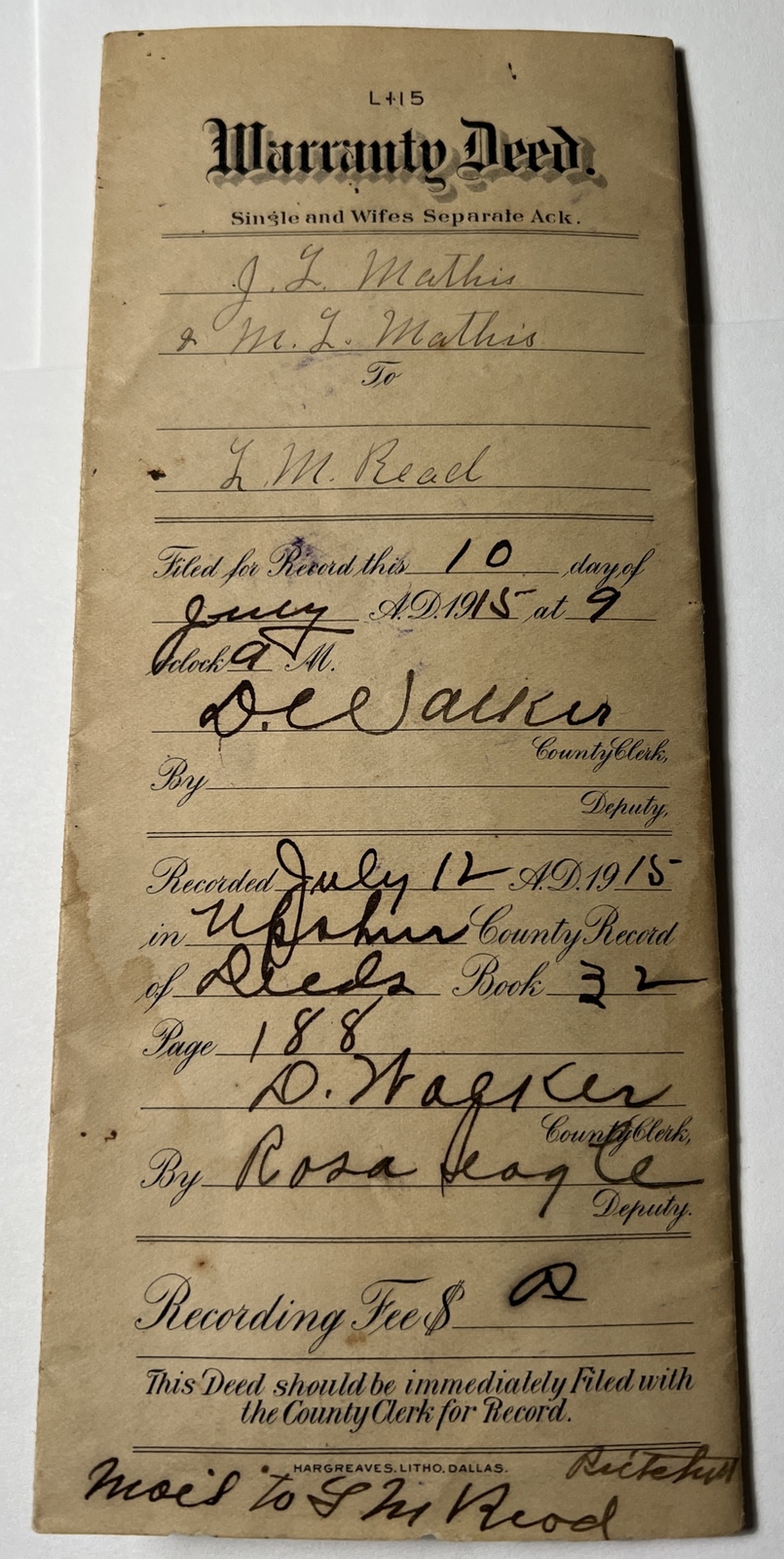 Original antique 1915 Gilmer TEXAS Upshur County WARRANTY DEED Signed