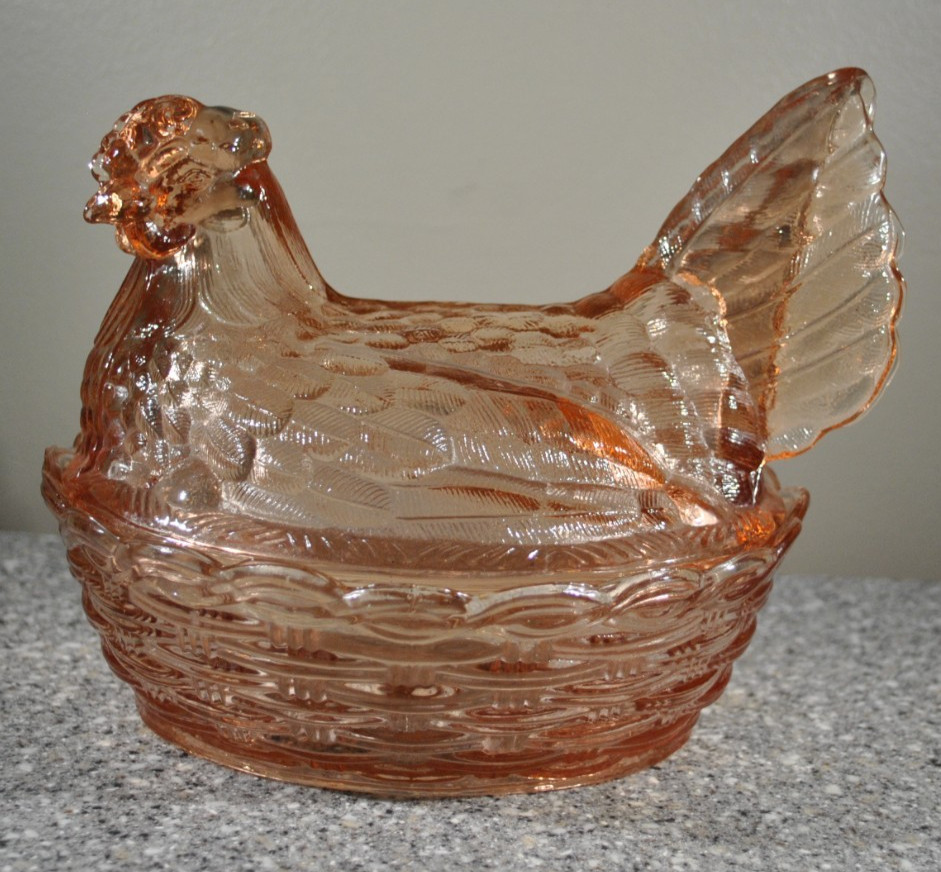 MCM LG Wright Fenton Pink Peach Glass Hen On Nest, Nesting Hen Covered 7” Tall