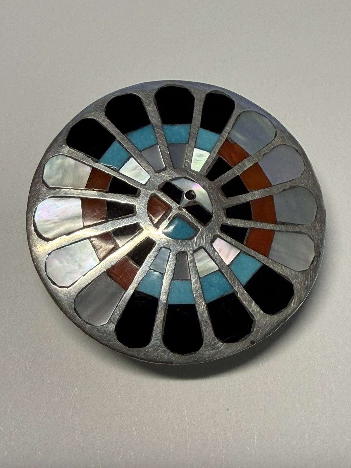Vintage Zuni Native Sun Kachina Multi Inlay Silver Pin Brooch Pendant Vintage Zuni Native Sun Kachina Multi Inlay Silver Pin Brooch Pendant