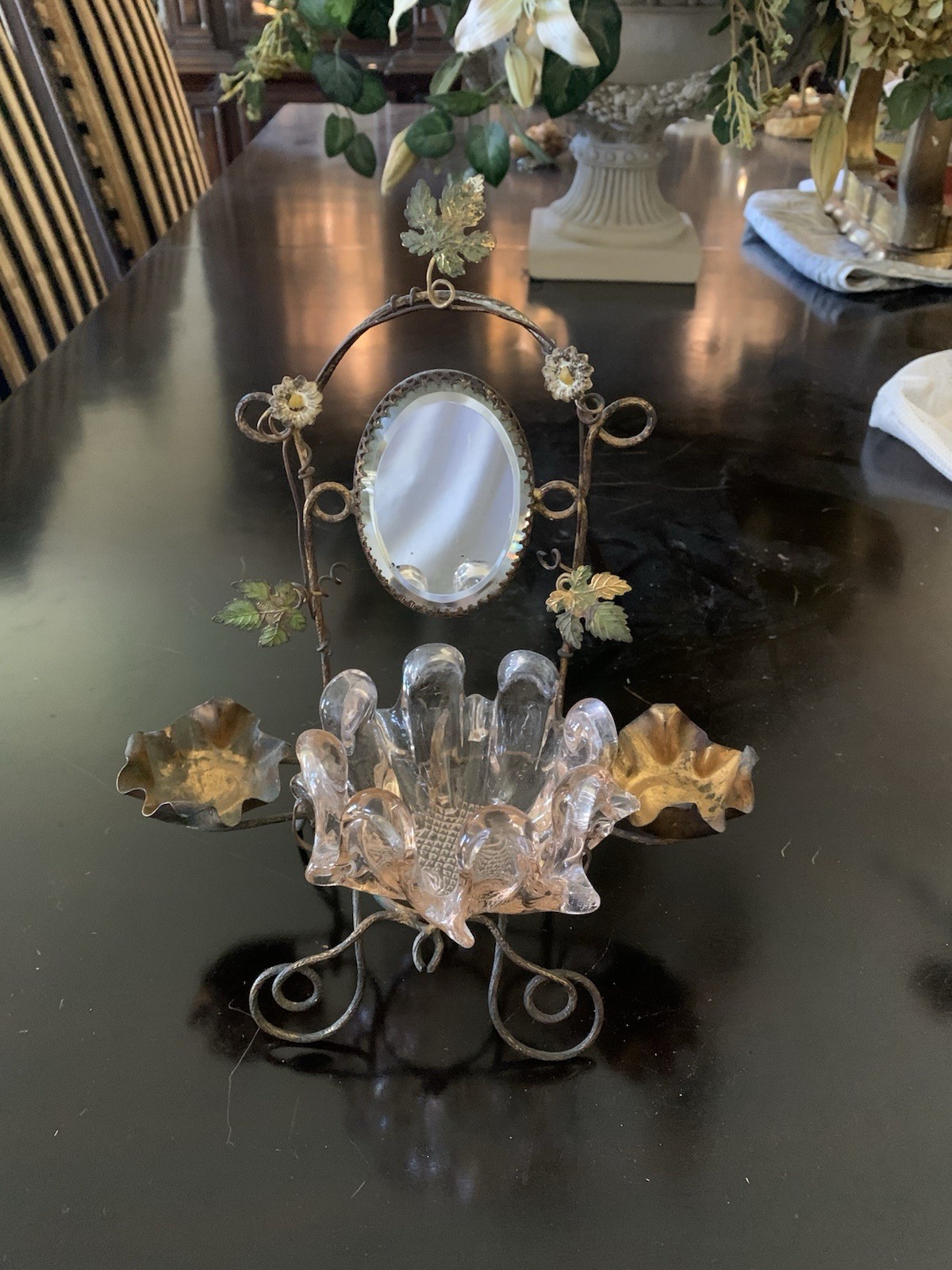 Victorian Whimsey Vanity Accessory, Rainbow Glass Bowl, Mirror & Ormolu Stand