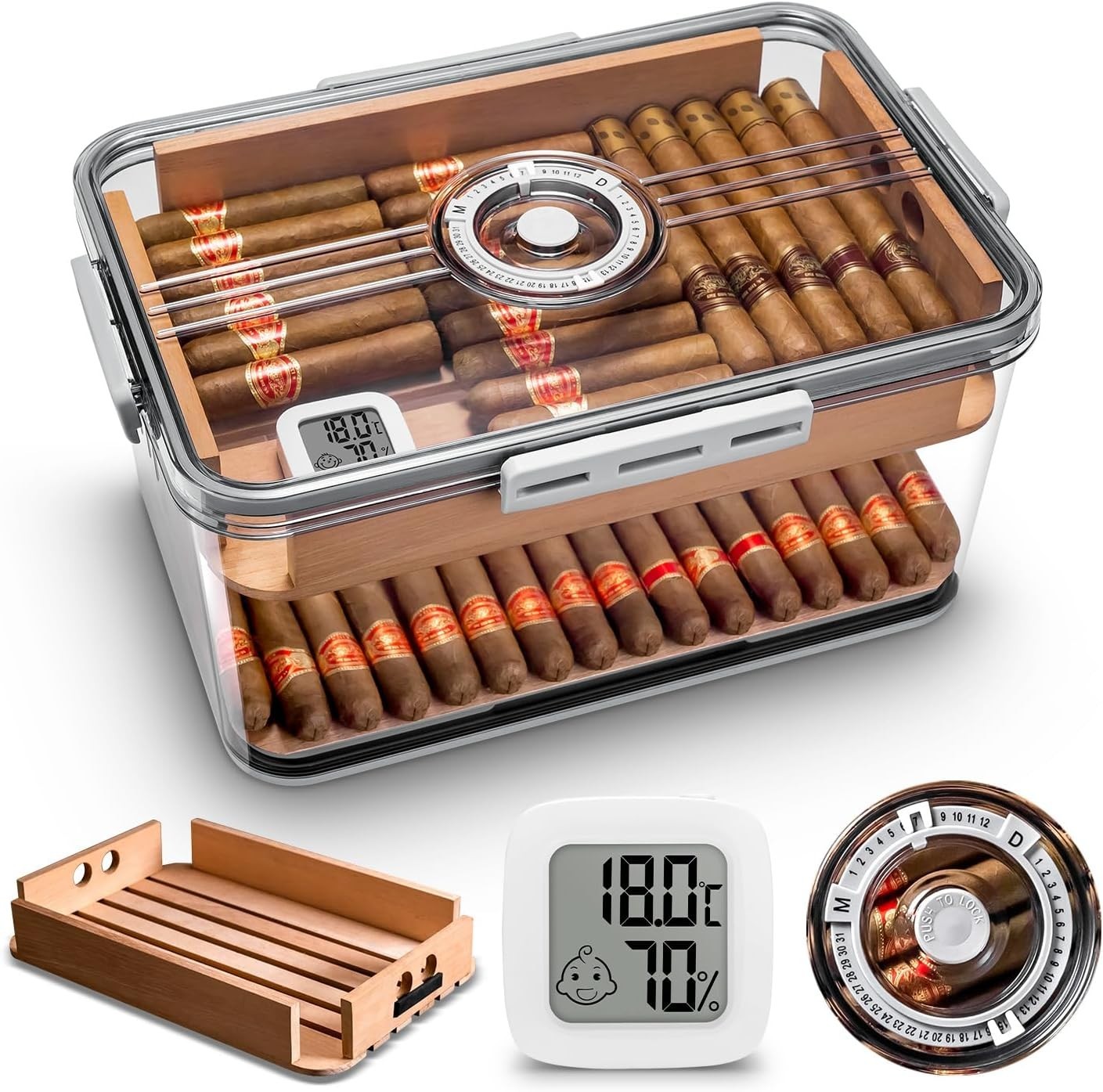 100 Cigar Humidor Clear Acrylic Spanish Cedar Shelf Age Dial Digital Hygrometer 100 Cigar Humidor Clear Acrylic Spanish Cedar Shelf Age Dial Digital Hygrometer