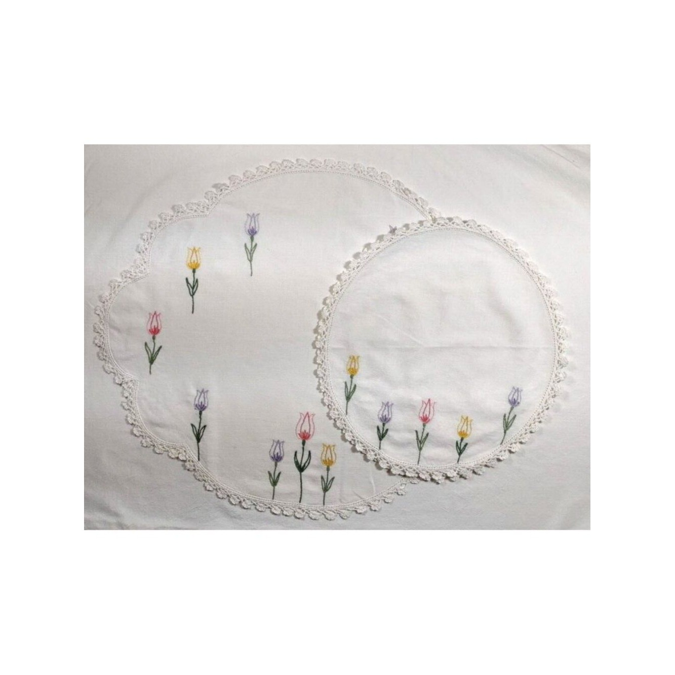Vtg Hand Embroidered Couch, sofa, 3 pc set, white cotton, tulips Antimacassar Vtg Hand Embroidered Couch, sofa, 3 pc set, white cotton, tulips Antimacassar
