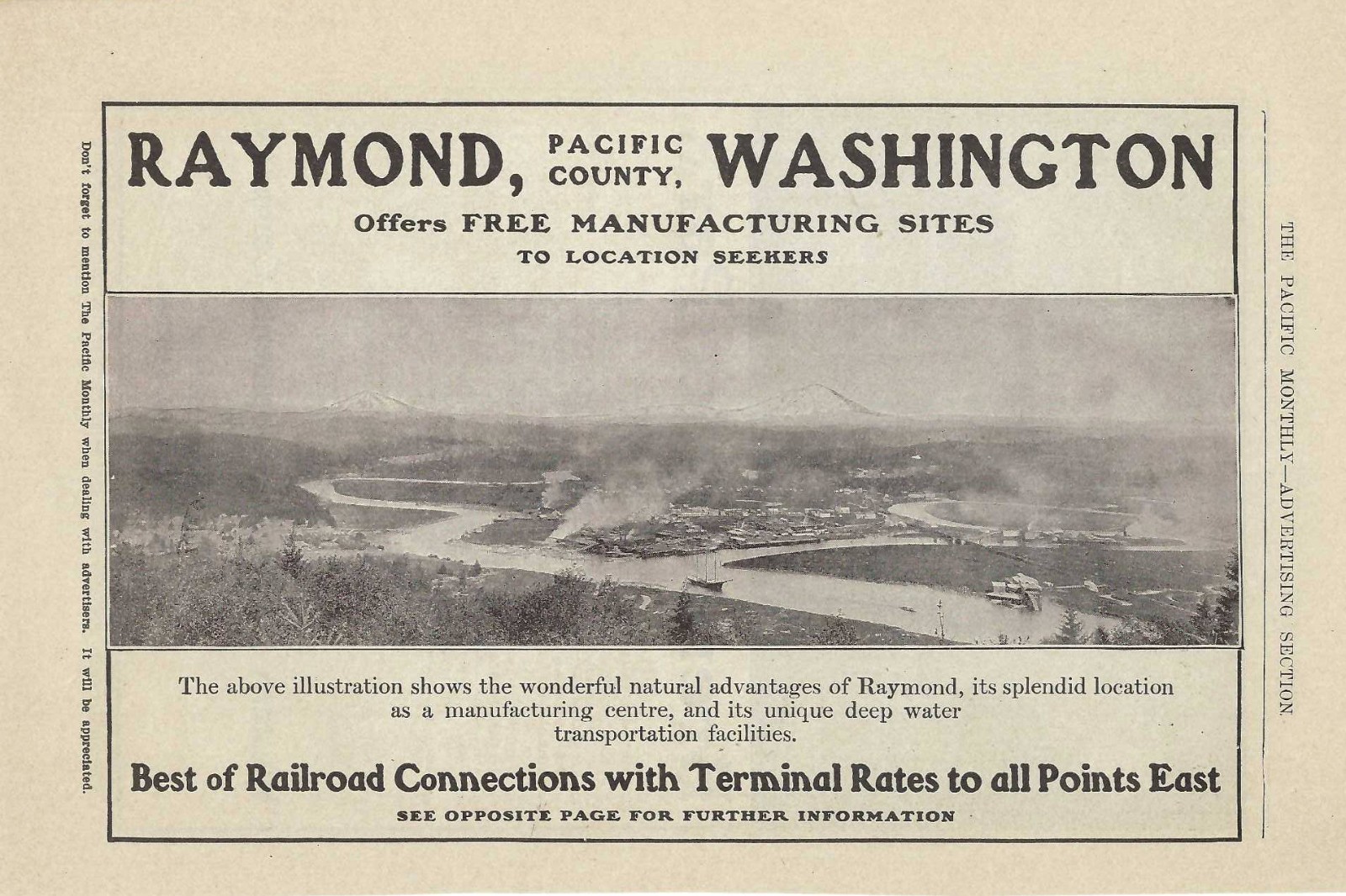 2 Antique 1907 Magazine Ads, Raymond, Washington. Pacific County