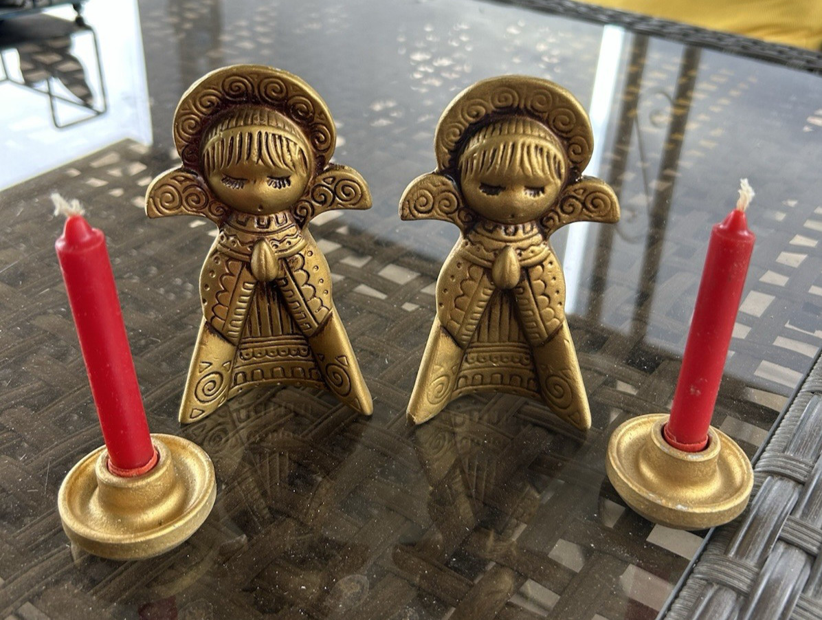 Vintage Pair of Praying Angels w/Candle Holders plus Red Candles and Box