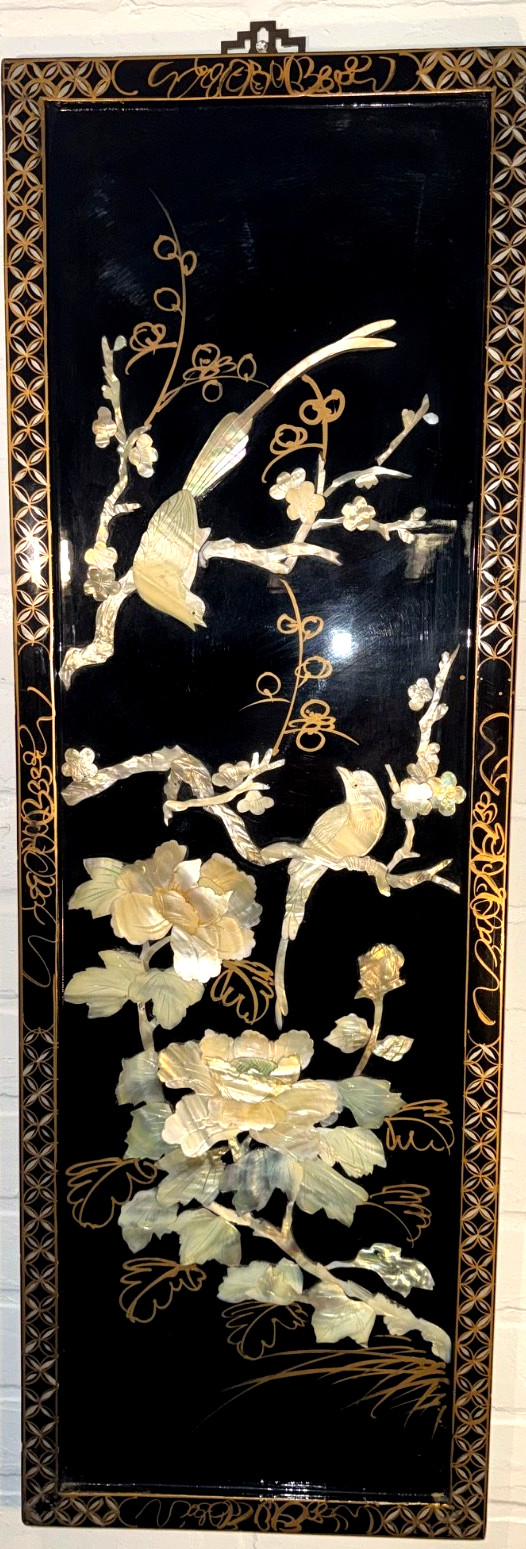 Chinese Lacquer Wall Panel with Mother-of-Pearl Birds and Peony Inlay Vintage Chinese Lacquer Wall Panel with Mother-of-Pearl Birds and Peony Inlay Vintage
