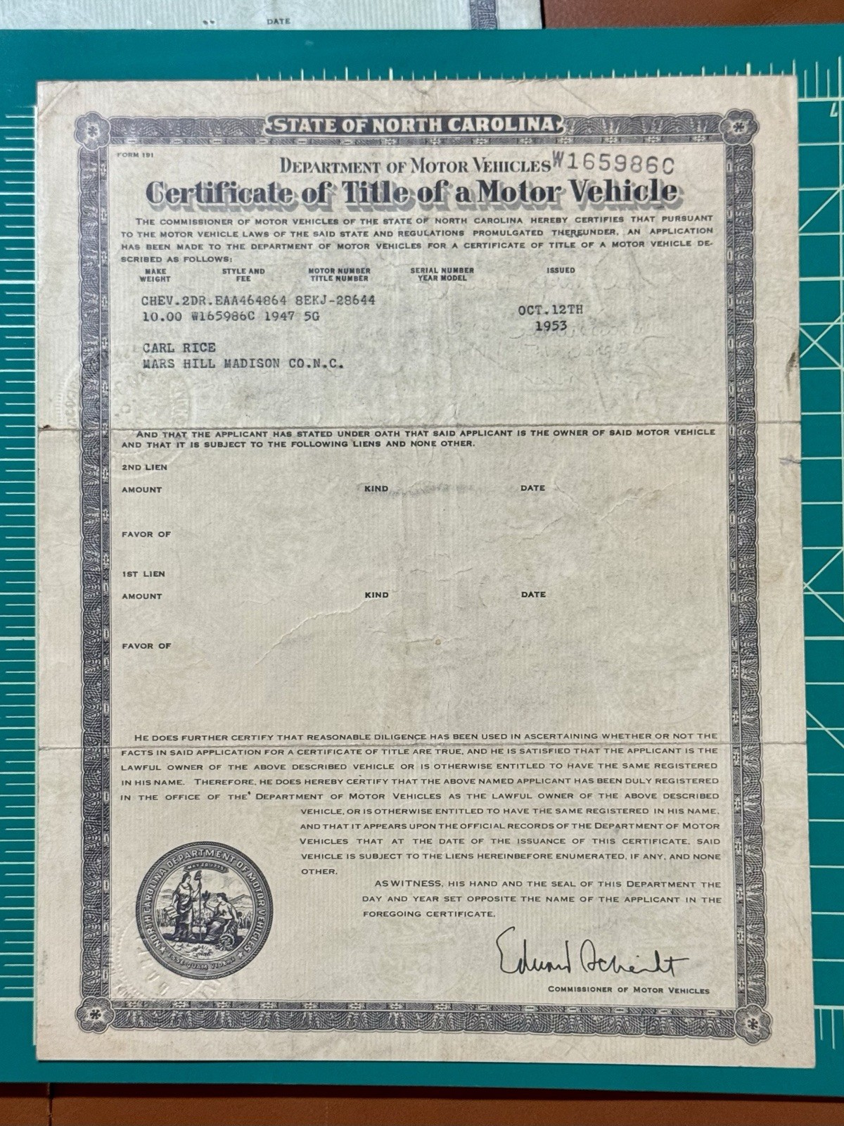 1953 North Carolina Certificate Of Title Of A Motor Vehicle 1947 5G Chevy 2 Door