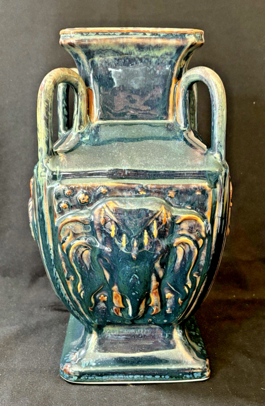 Maitland Smith Ceramic Pottery Urn Vase Blue and Gold Animal Faces, Thailand