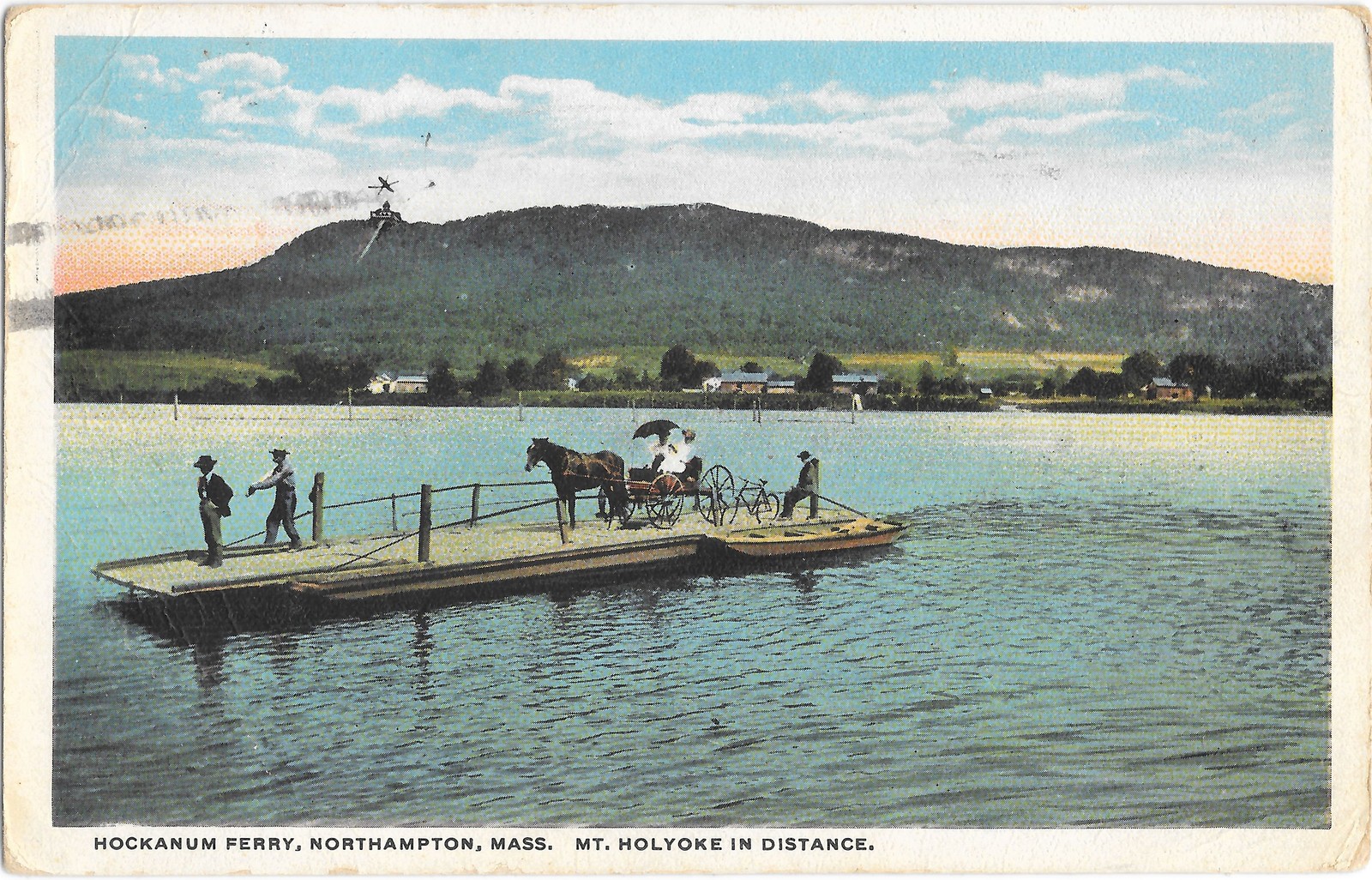 Hockanum Ferry Northampton MA Mt Holyoke c1910 Postcard Horse Wagon