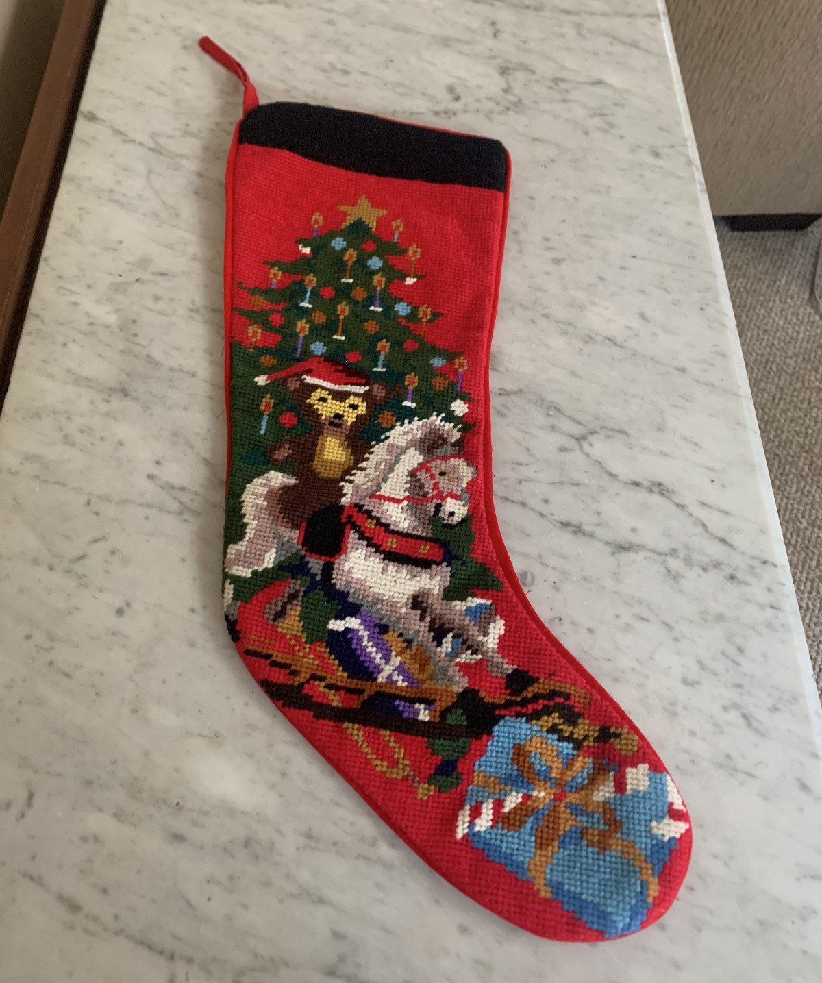Vintage Needlepoint Christmas Stocking with a Teddy Bear, Rocking Horse,Presents