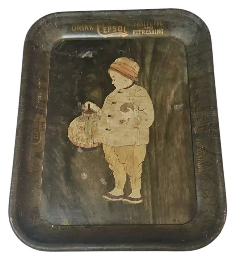 Antique Pre Prohibition Beer Tray Advertising Pepsol Metal Chinese Boy Lantern