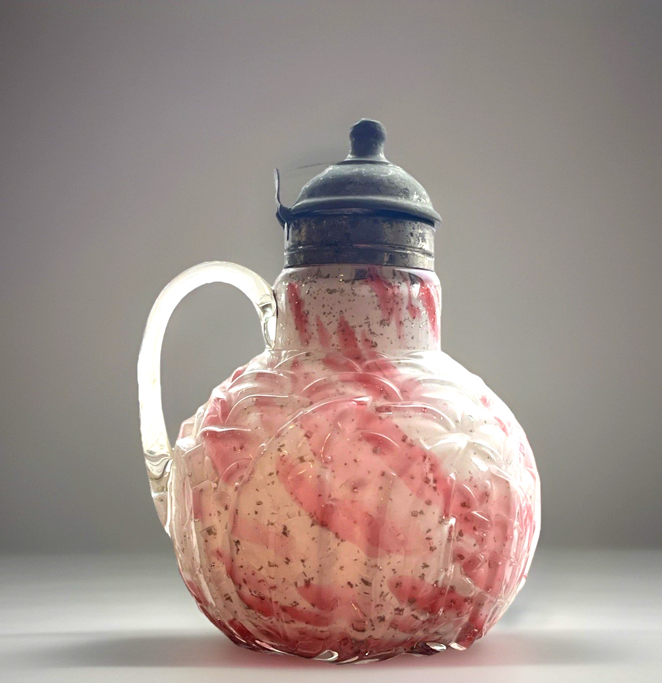 ANTIQUE NORTHWOOD LEAF MOLD SYRUP PITCHER CRANBERRY SPLATTER RARE (1D ANTIQUE NORTHWOOD LEAF MOLD SYRUP PITCHER CRANBERRY SPLATTER RARE (1D