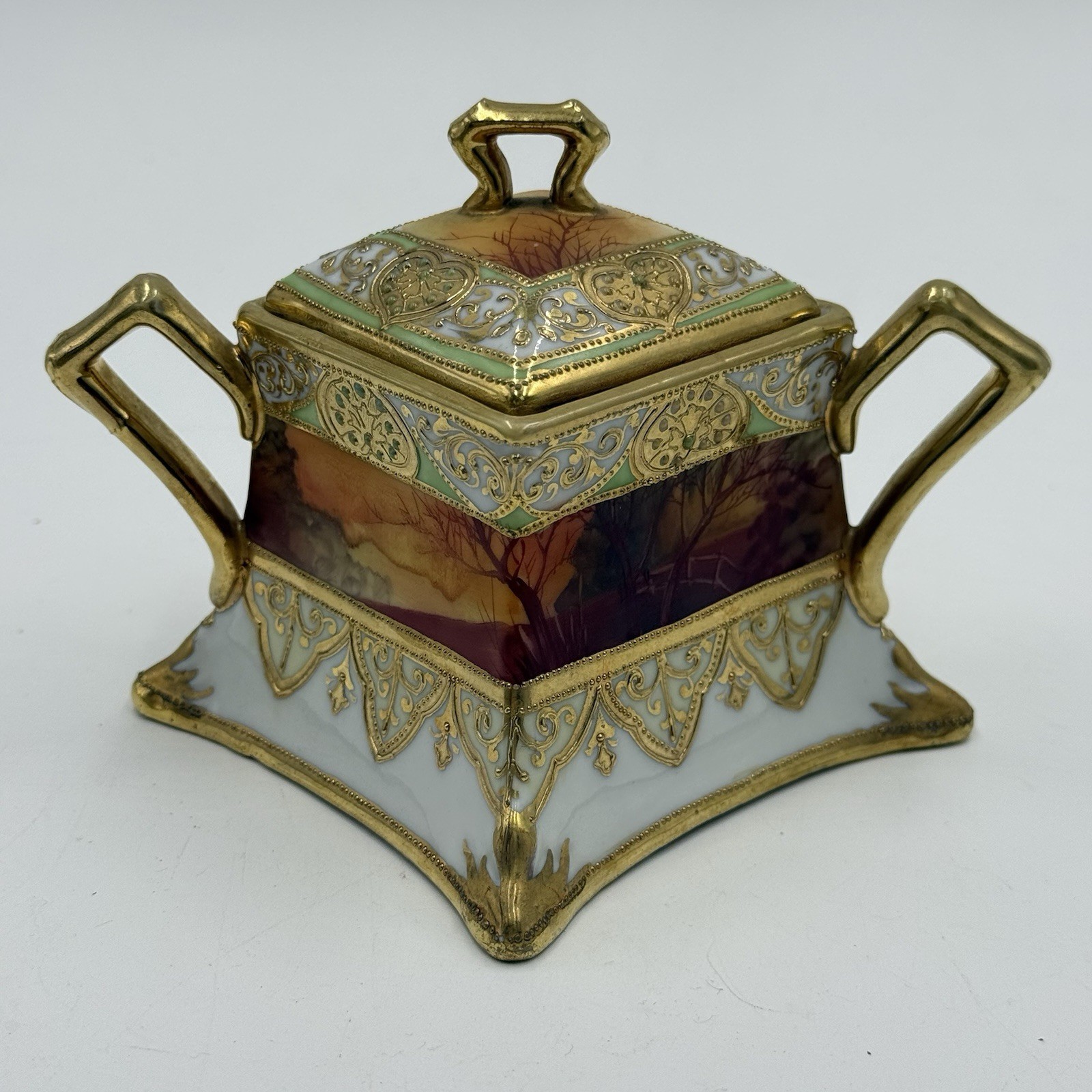 Nippon Sunset Landscape Hand Painted Moriage Antique Porcelain Lidded Sugar Bowl Nippon Sunset Landscape Hand Painted Moriage Antique Porcelain Lidded Sugar Bowl