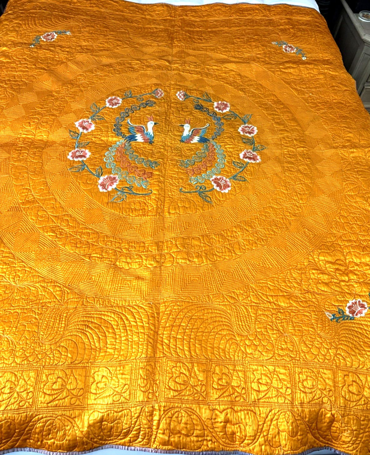 Vintage Korean Satin Wedding Bedspread 75in x 63in Embroidered Pheonix & Peonies Vintage Korean Satin Wedding Bedspread 75in x 63in Embroidered Pheonix & Peonies