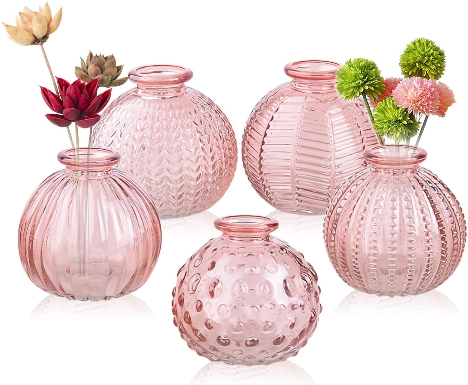 Set of 5 Elegant Pink Glass Bud Vases with Crok Wire Handles for Centerpieces