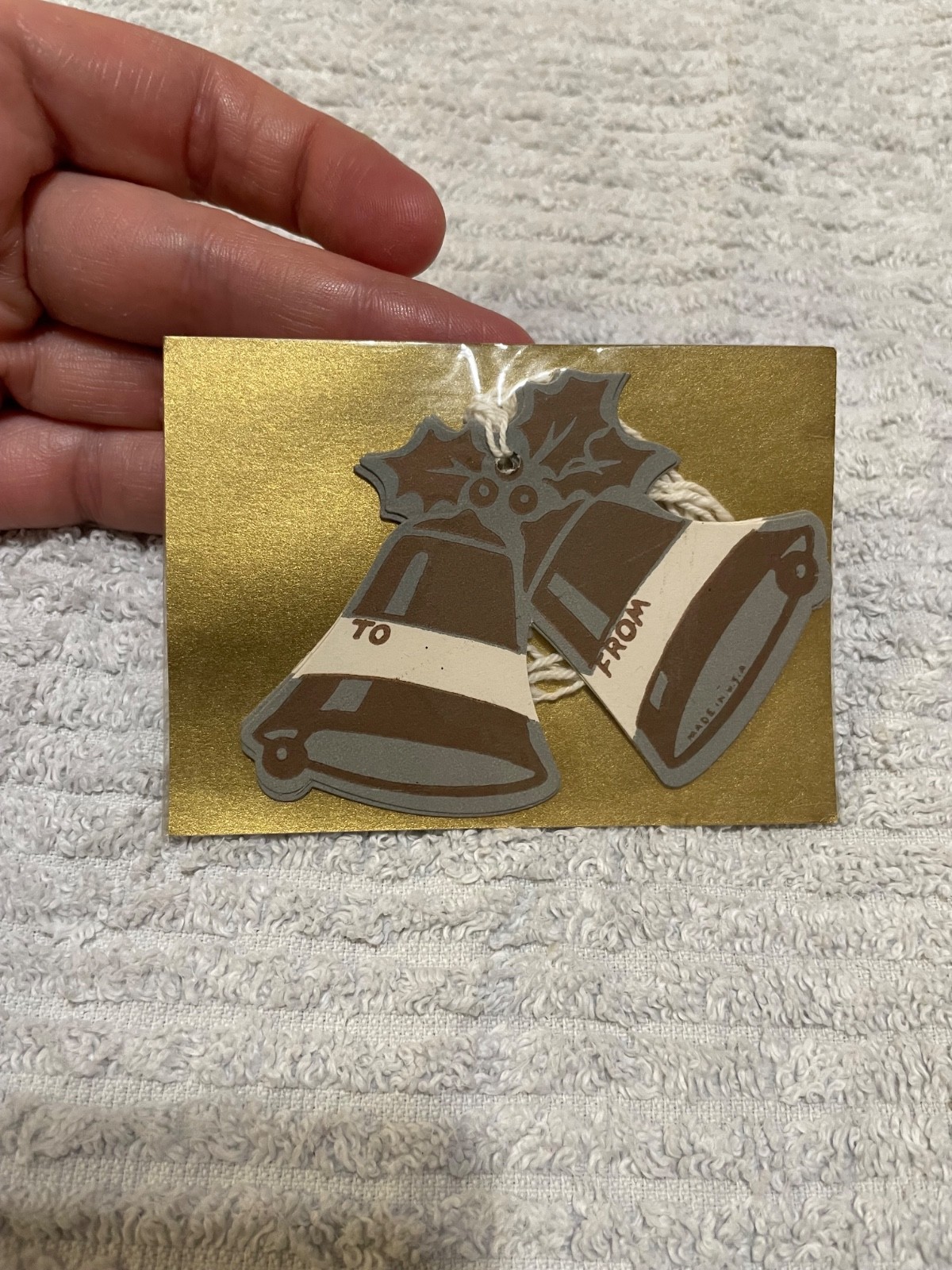 VTG Tie Tie Grey and Gold Bell Paper Christmas Tag 3 tags in the package