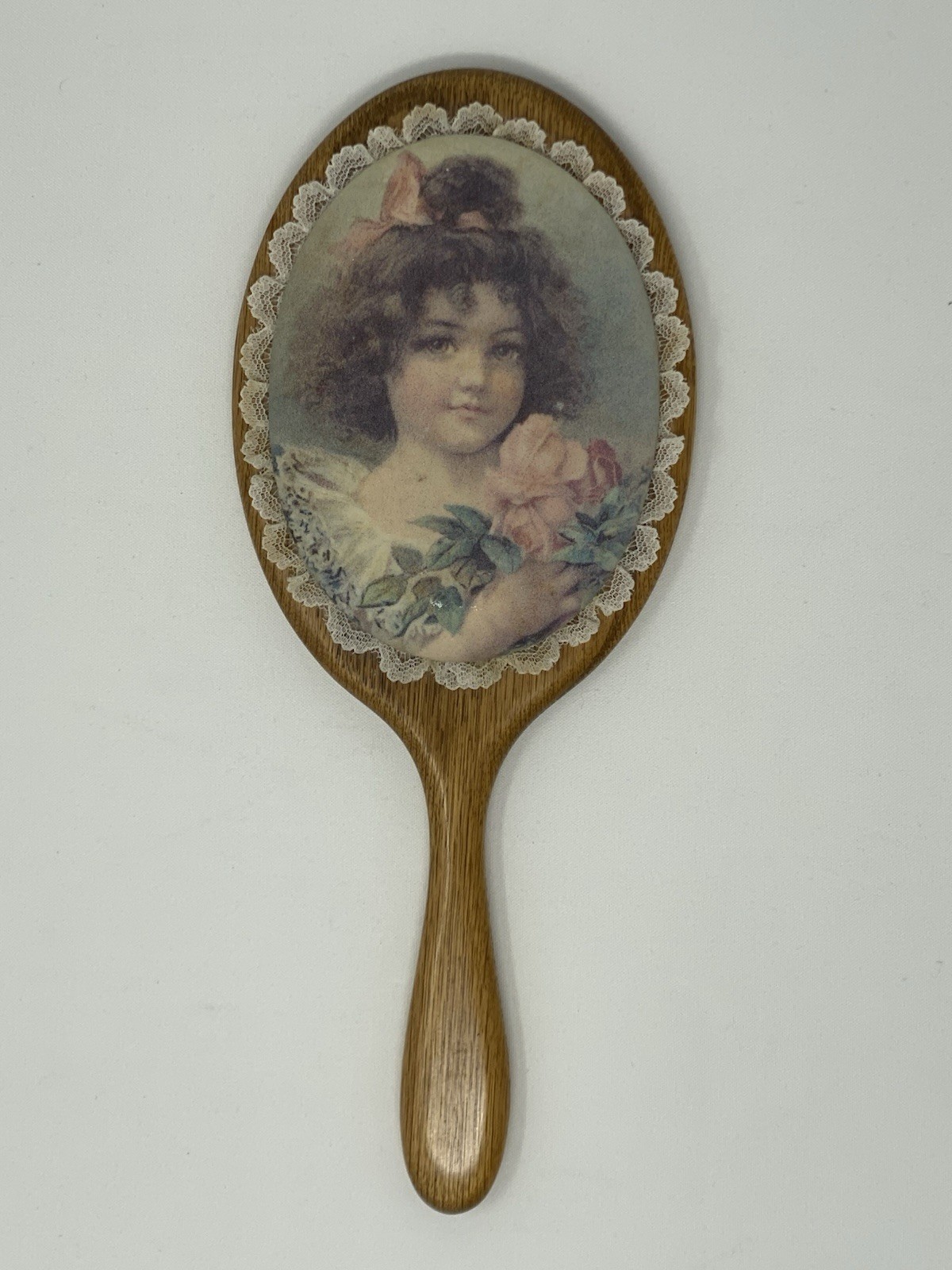 Vintage Hand Mirror Young Girl with Flowers Solid Wood Lace Victorian Revival Vintage Hand Mirror Young Girl with Flowers Solid Wood Lace Victorian Revival