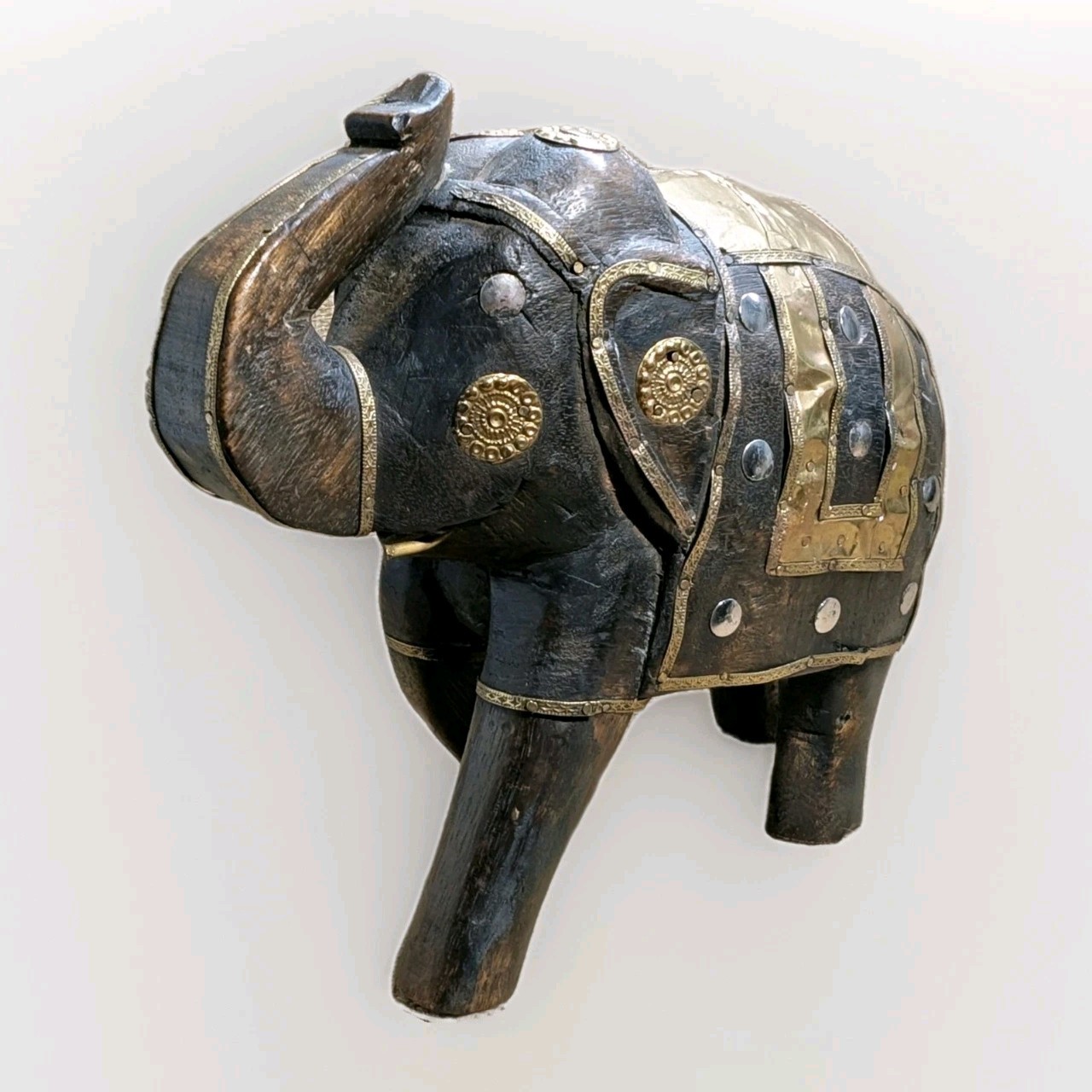 Vintage Elephant Indian Hand Carved Wood  Brass Inlay Metal Studs 10\