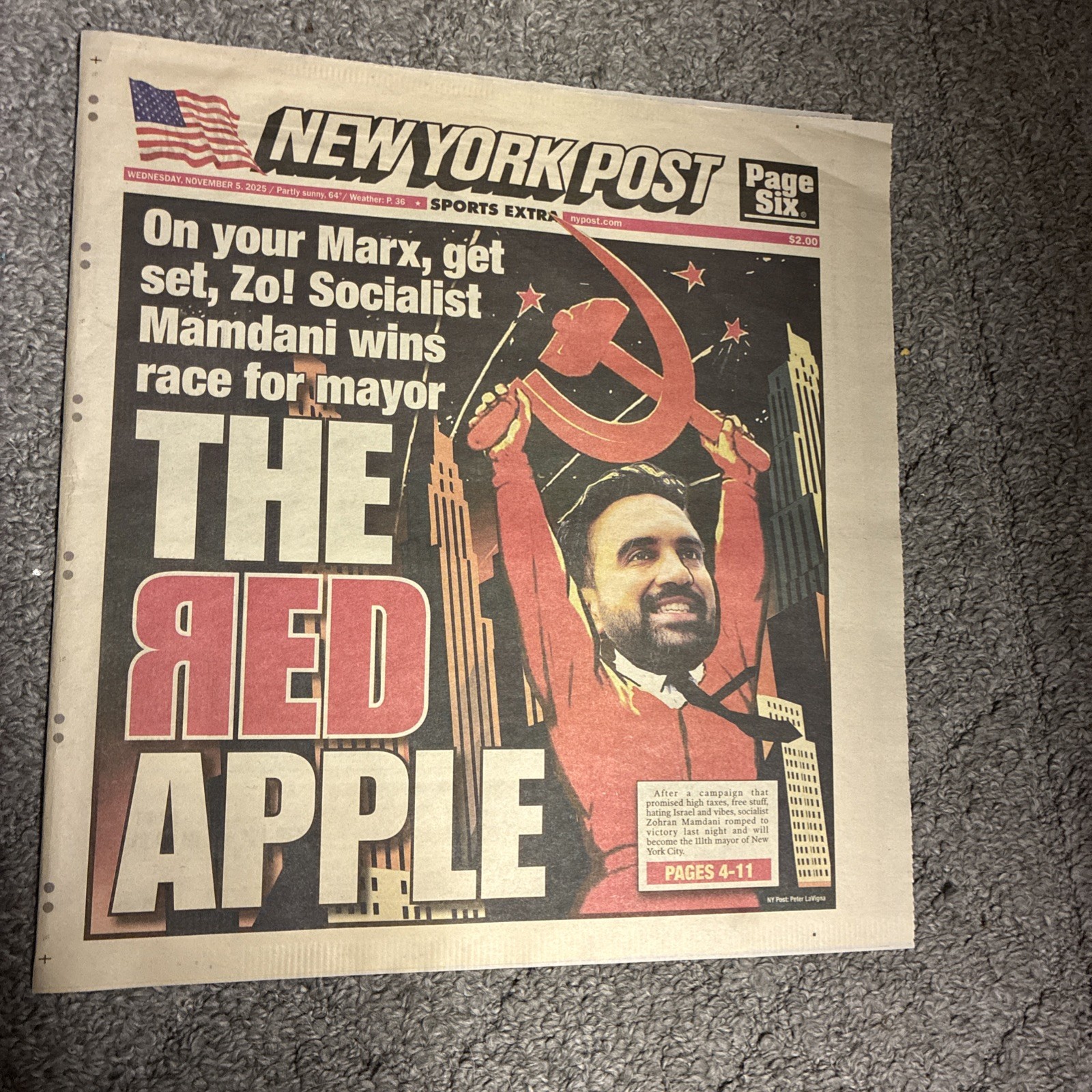 Zohran Mamdani New York Post Newspaper The Red Apple Cover 11/5/2025