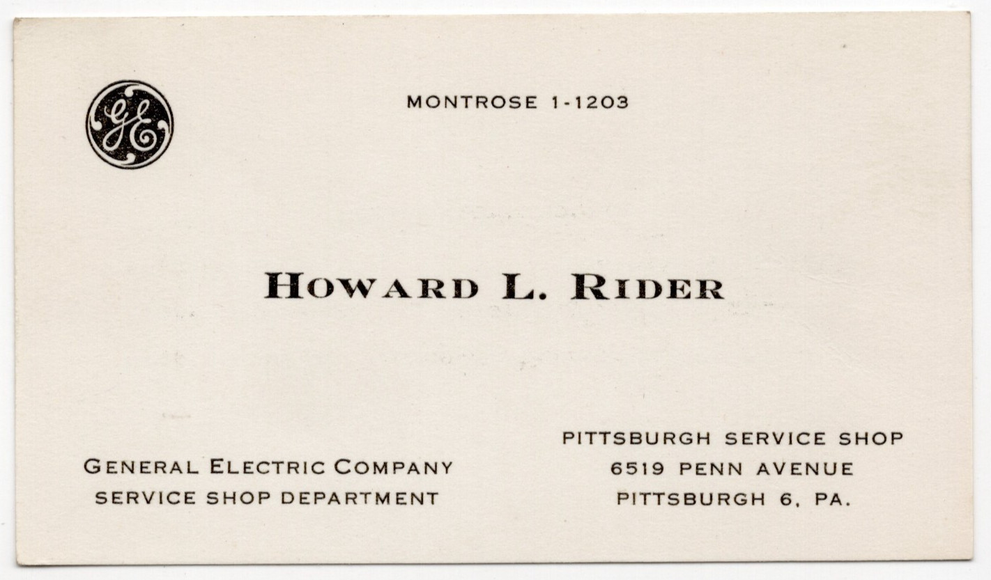 c1940\'s-60\'s - Howard L. Rider General Electric Pittsburgh PA - Business Card