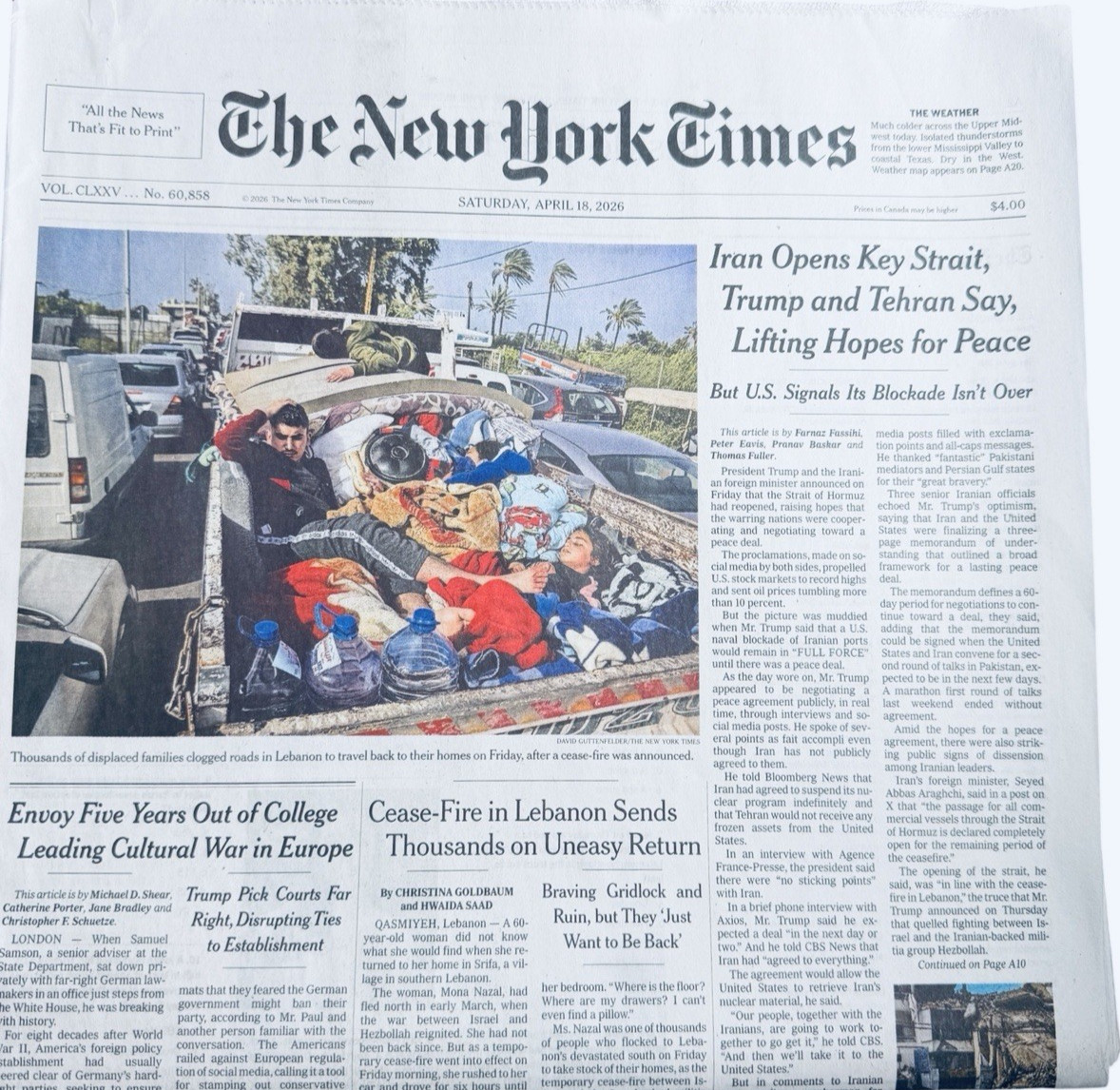 The New York Times Newspaper April 18 2026 Complete Print Paper COMPLETE Unread