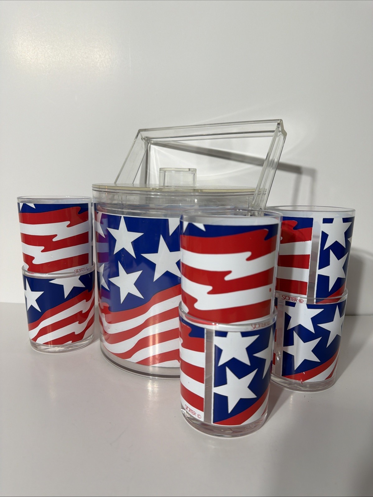 Vtg HJ Stotter American Flag Acrylic Ice Bucket & 6 Tumbler Glasses Set