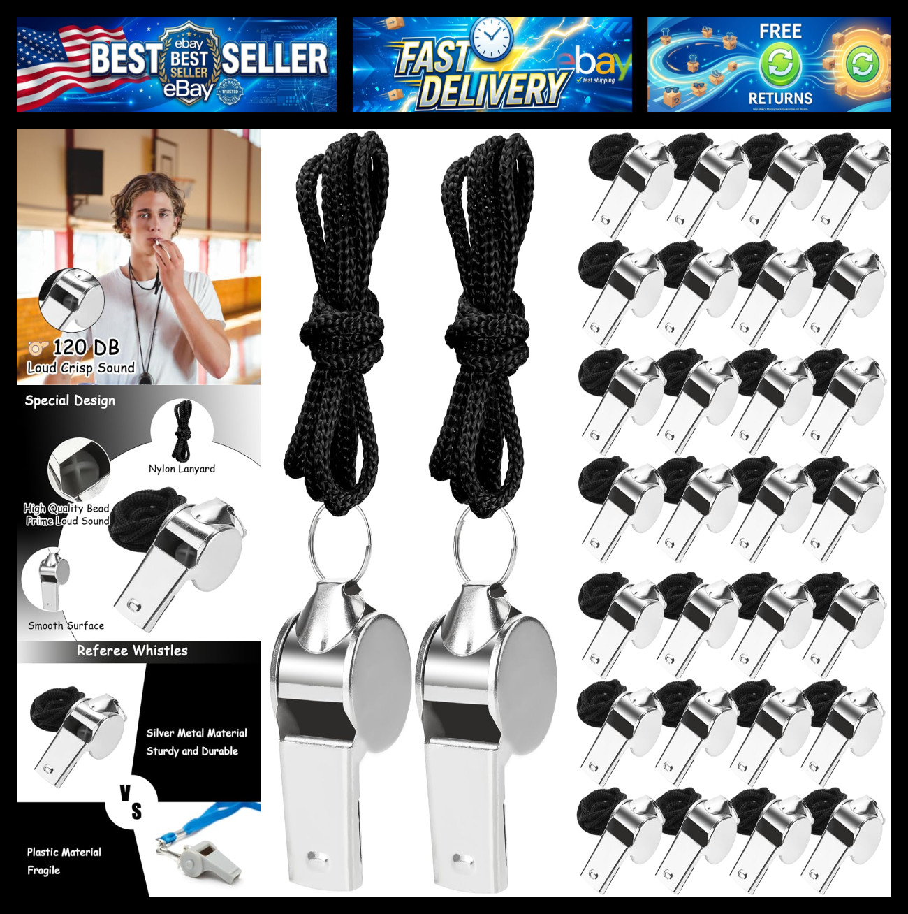 100 Pcs Stainless Steel Whistles Bulk for Coaches Teachers with Lanyard