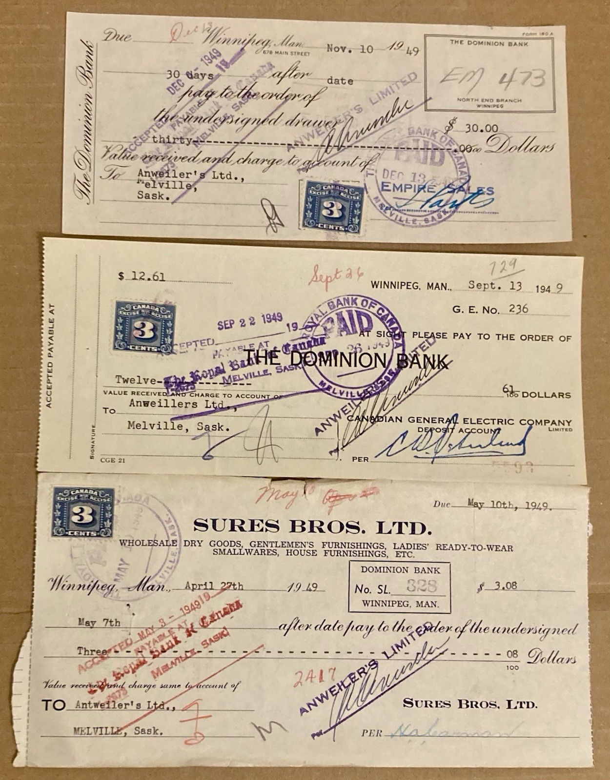 The Dominion Bank of Canada 1949 Bank Checks Lot of 3 With Revenues