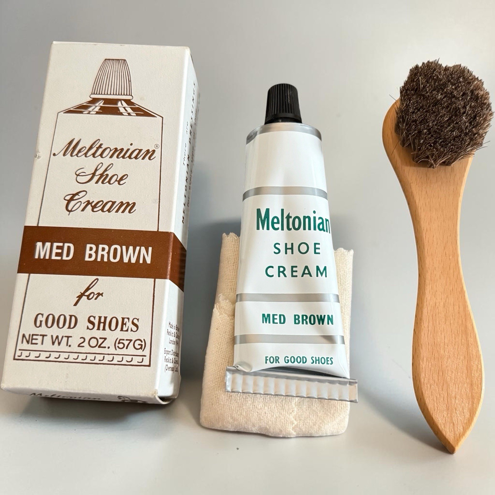 VTG Tube Meltonian Medium Brown Shoe Cream Britain London W4 UK, Horsehair Brush