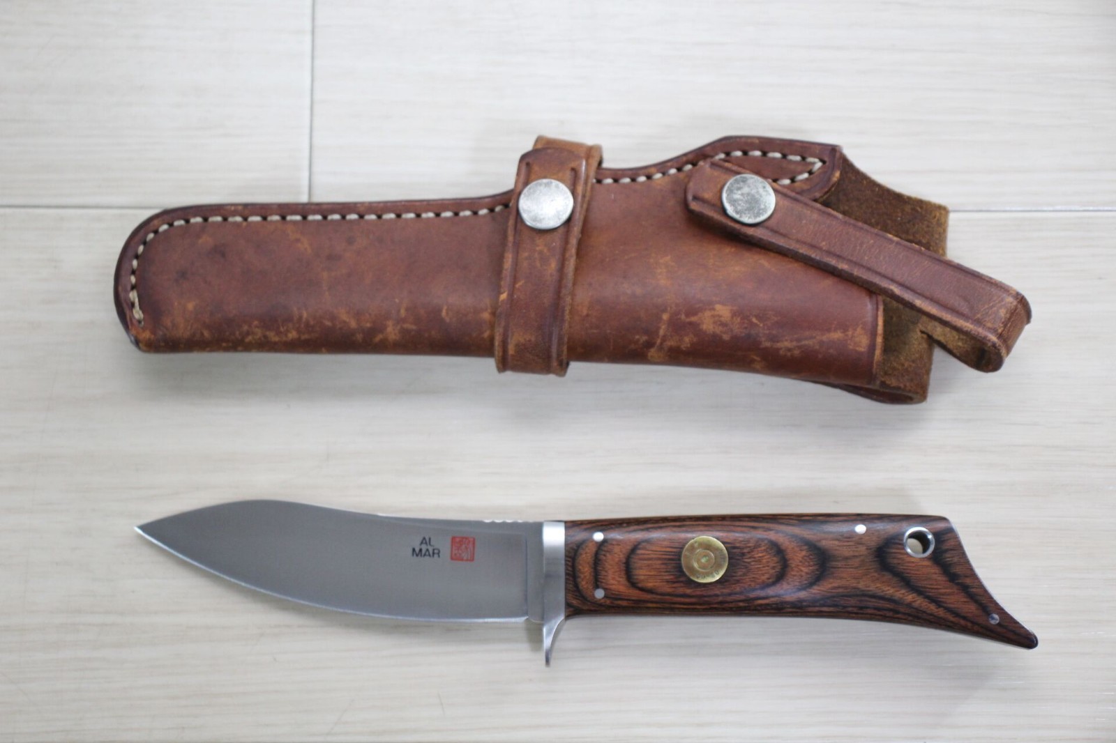 Vintage AL MAR #8505 Gunstock V AUS-8 Fixed Blade Knife Leather Sheath Seki  O87
