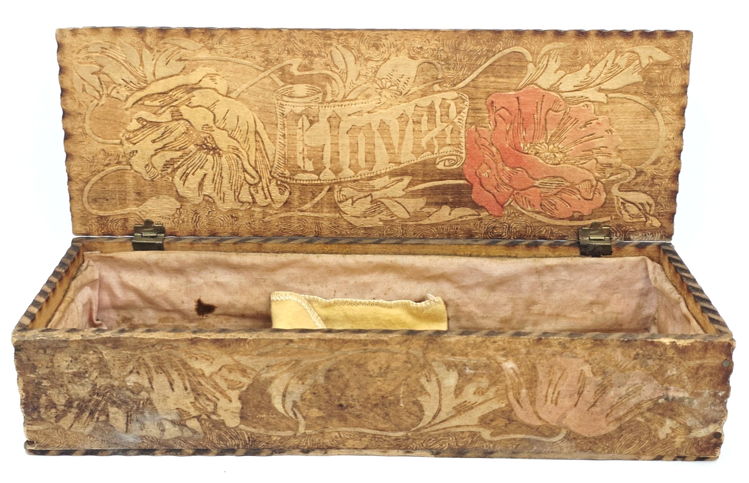 Antique 1900s Pyrography Wood Glove Box Gregrarian Poppy Design 3 1/2 Antique 1900s Pyrography Wood Glove Box Gregrarian Poppy Design 3 1/2