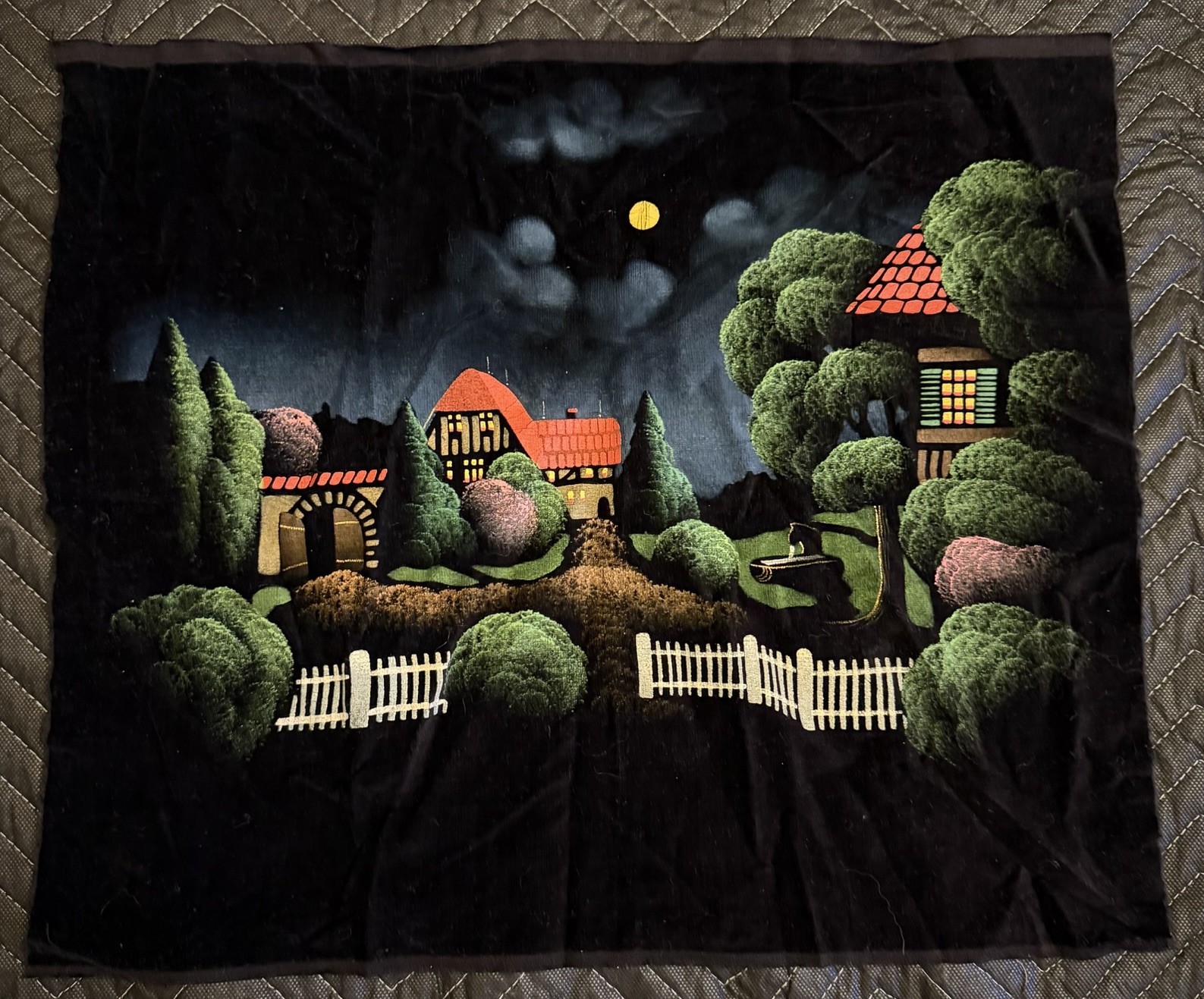 Vintage 60s-70s  MCM Black Velvet fabric Painting made in Germany  17.5”x 20.5”