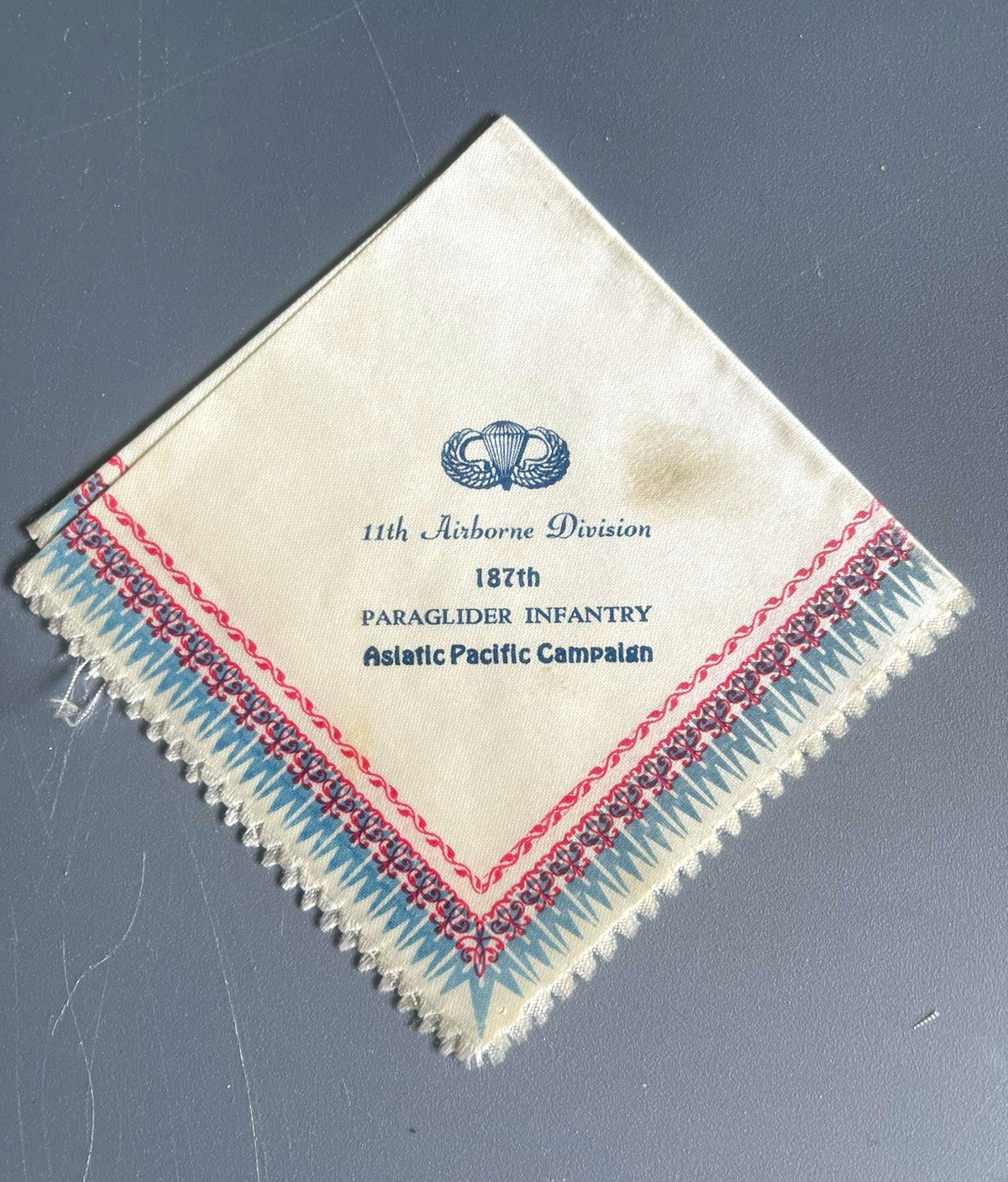 Vintage 11th Airborne 187th Paraglider Infantry Sweetheart Handkerchief, WW2 Vintage 11th Airborne 187th Paraglider Infantry Sweetheart Handkerchief, WW2