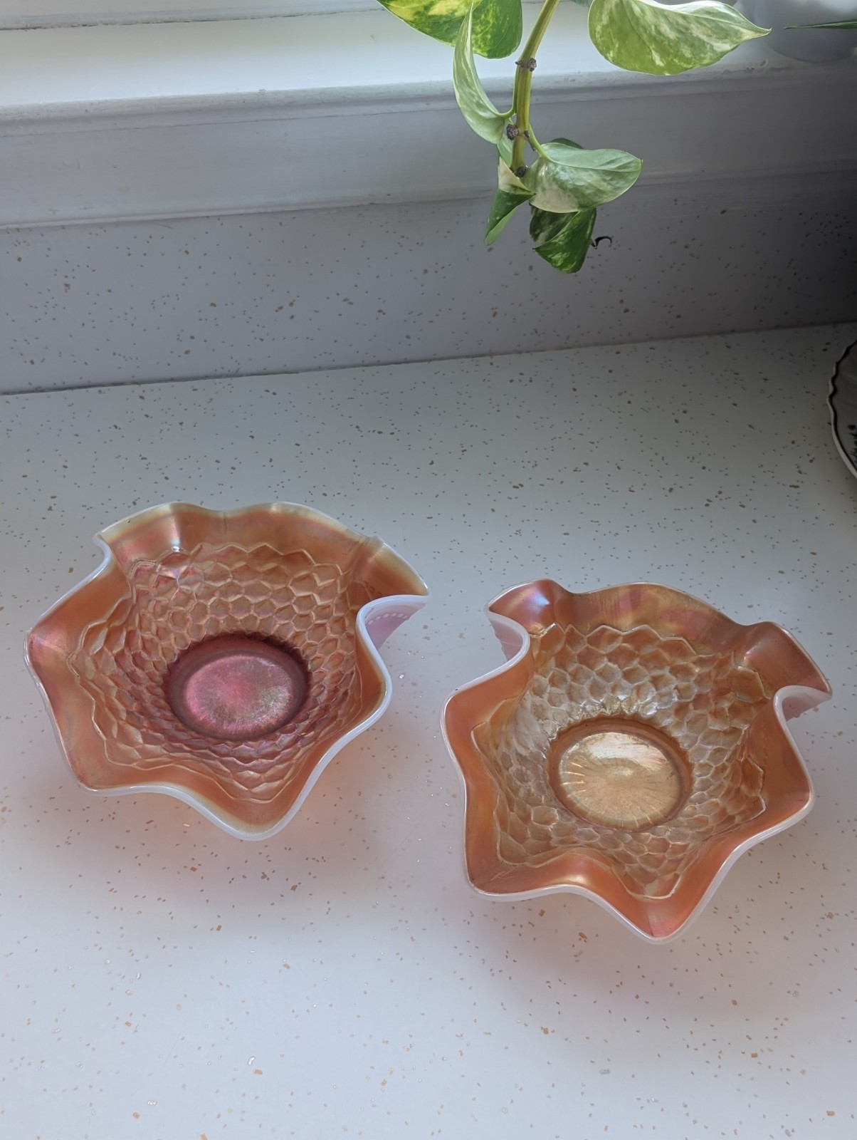 Pair Of Vintage Dugan Peach Opalescent Bowls - Honeycomb And Bead Pattern 