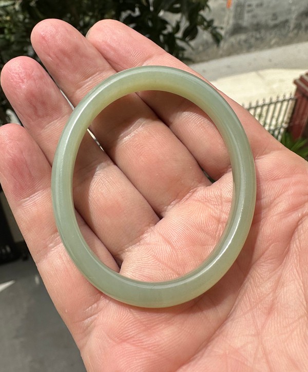 Natural Hetian Jade Oval Bangle Bracelet Slim Beauty Bar Light Cyan Small 54mm