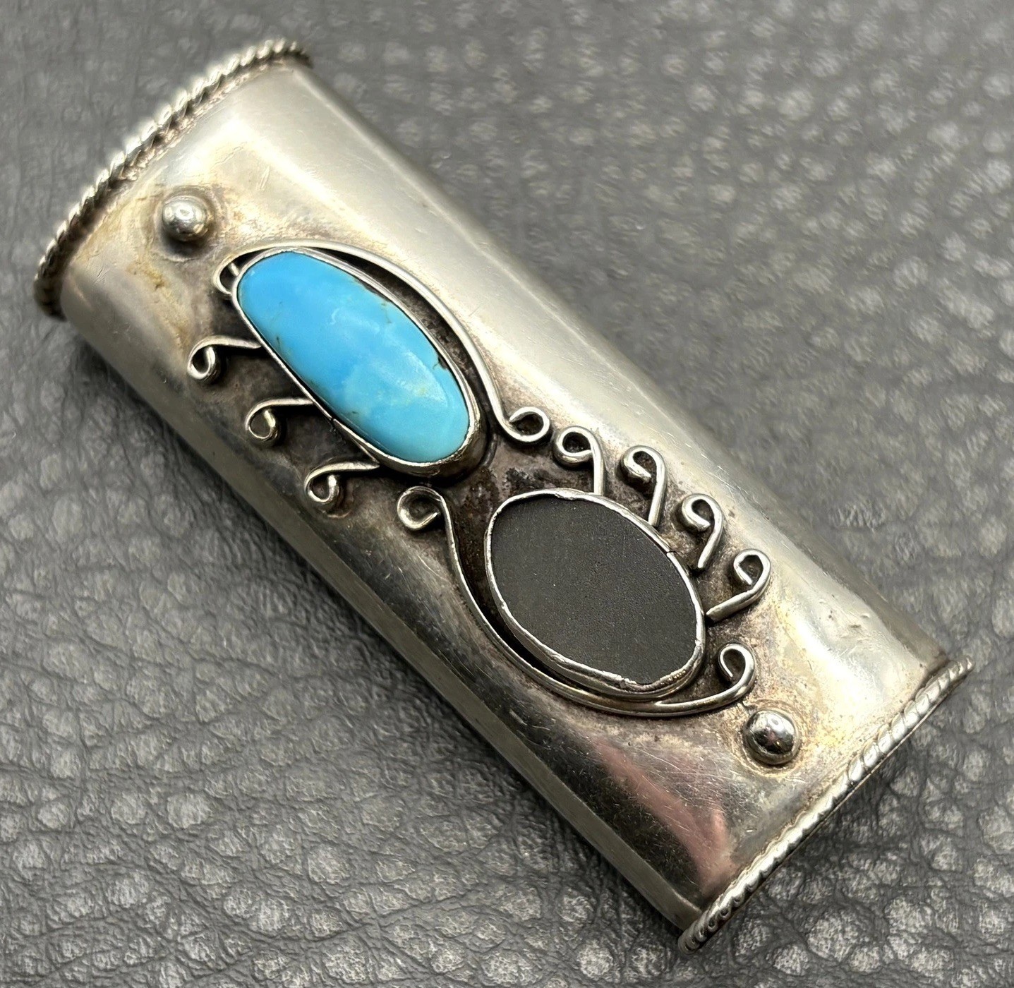 Old Southwestern Turquoise Onyx Sterling Silver Lighter Holder Case Cover