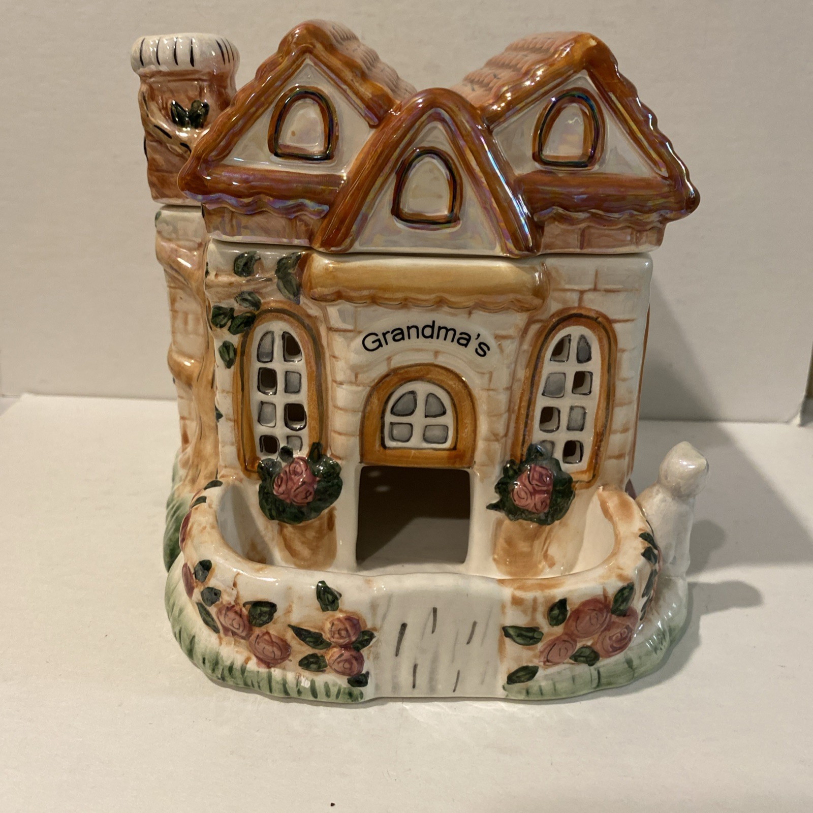 Ceramic “Grandma’s” Cookie Jar/Canister Floral Cottage Gable Roof 6”X6”X6 Ceramic “Grandma’s” Cookie Jar/Canister Floral Cottage Gable Roof 6”X6”X6