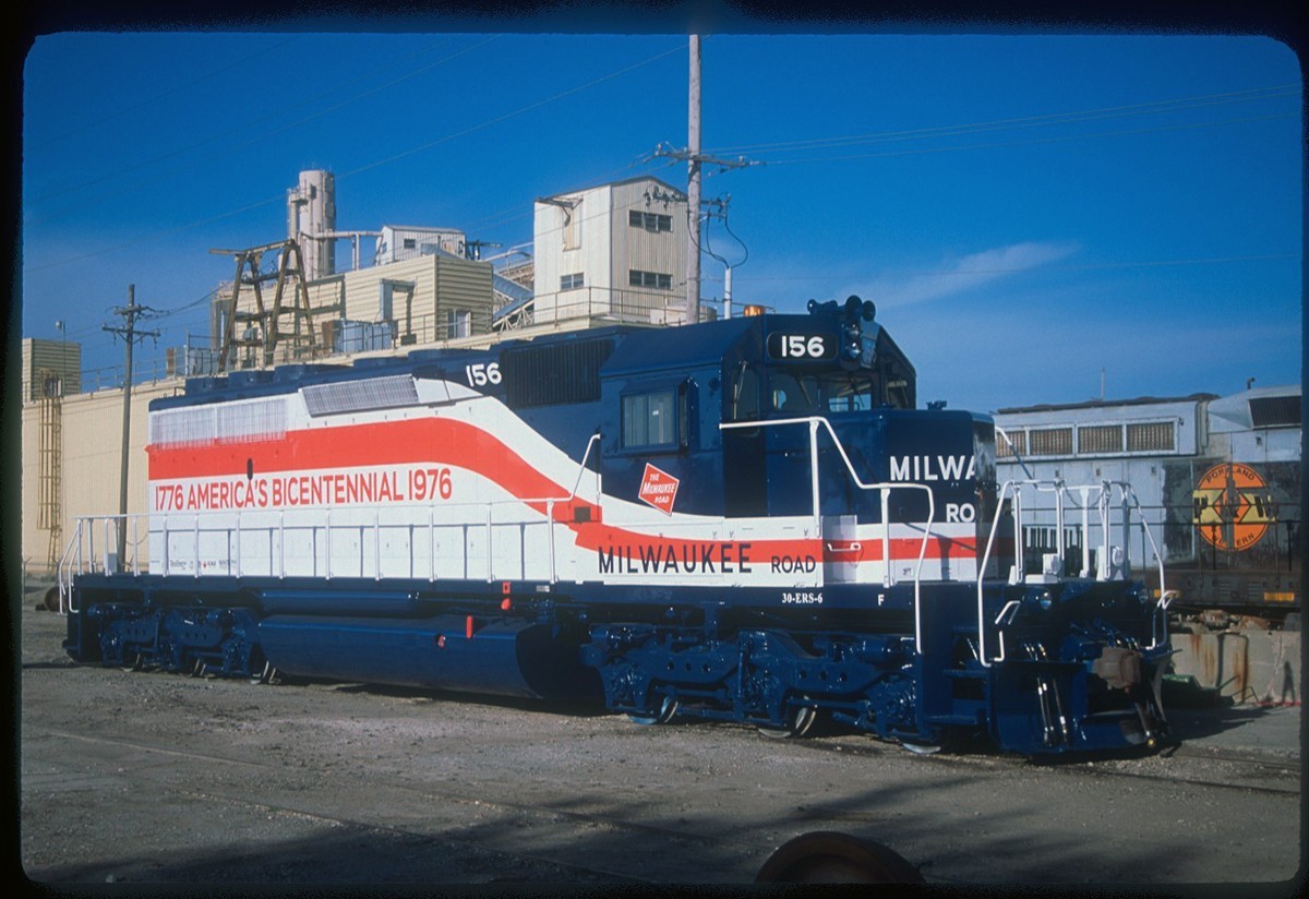 Original Fujichrome slide of Milwaukee Road SD40-2 #156 in Kansas City