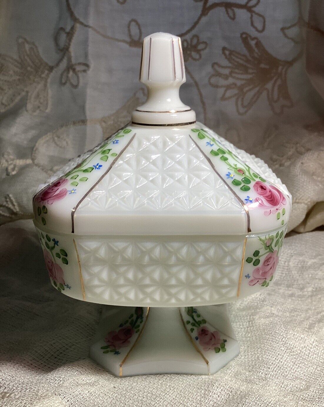 Vintage Westmoreland Milk Glass Floral Wedding Box Pedestal Handpainted