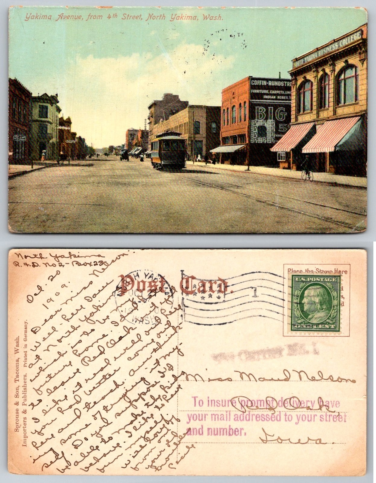 Yakima Avenue 4th Street North Yakima Washington Streetcar Postcard