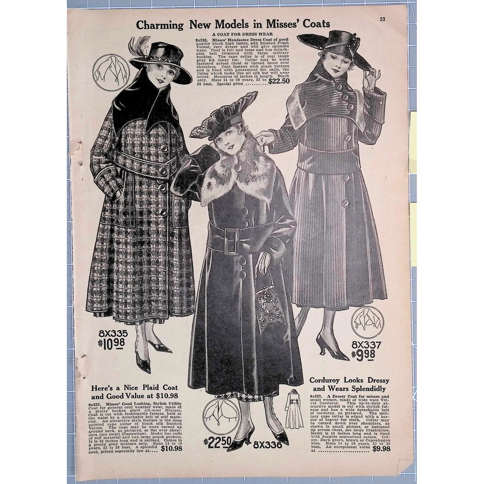 1917 Bellas Hess Misses Coats Womens Fashion Catalog Page Antique Ephemera