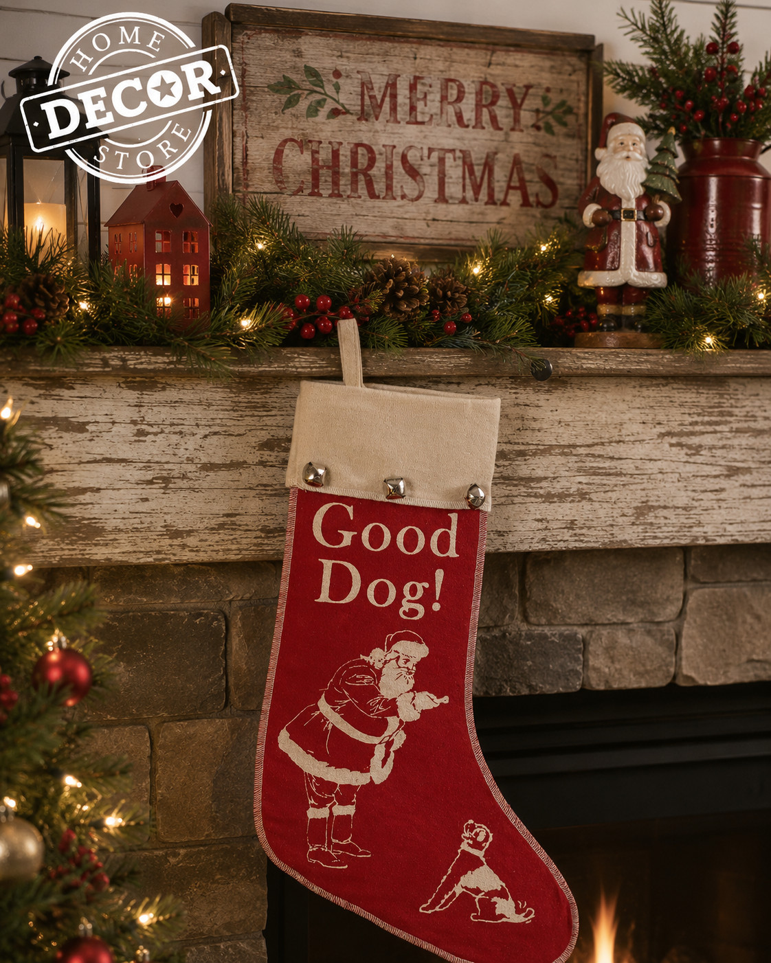 Primitives by Kathy Vintage Christmas Good Dog Stocking Felt Bells Retro