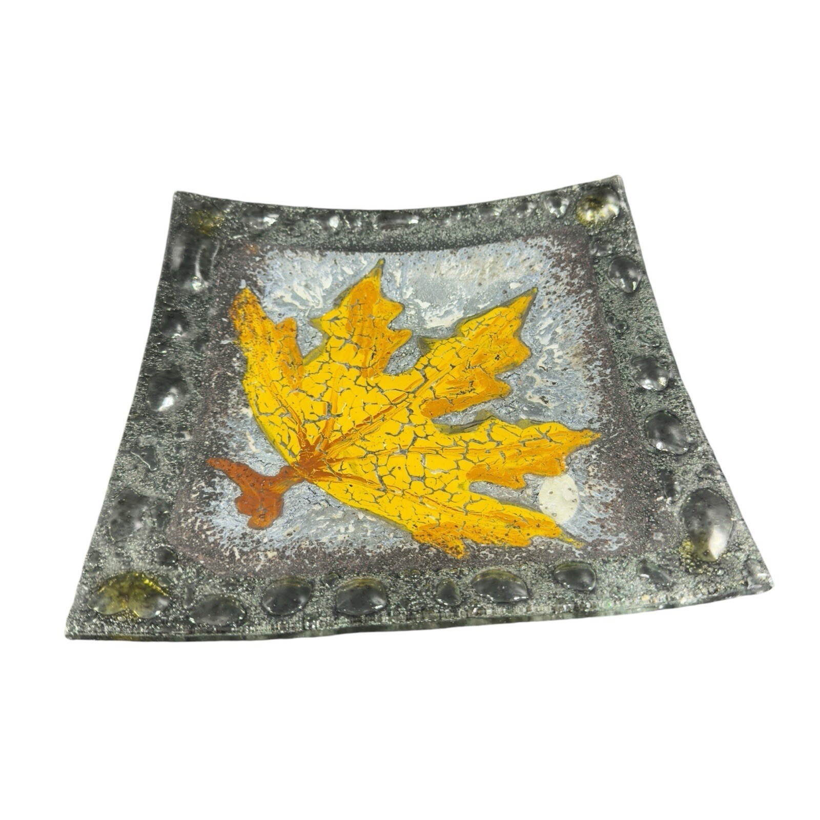 Euro Ceramic Fused Glass Plate Dish With Maple Leaf Bubbled Made In Turkey VTG