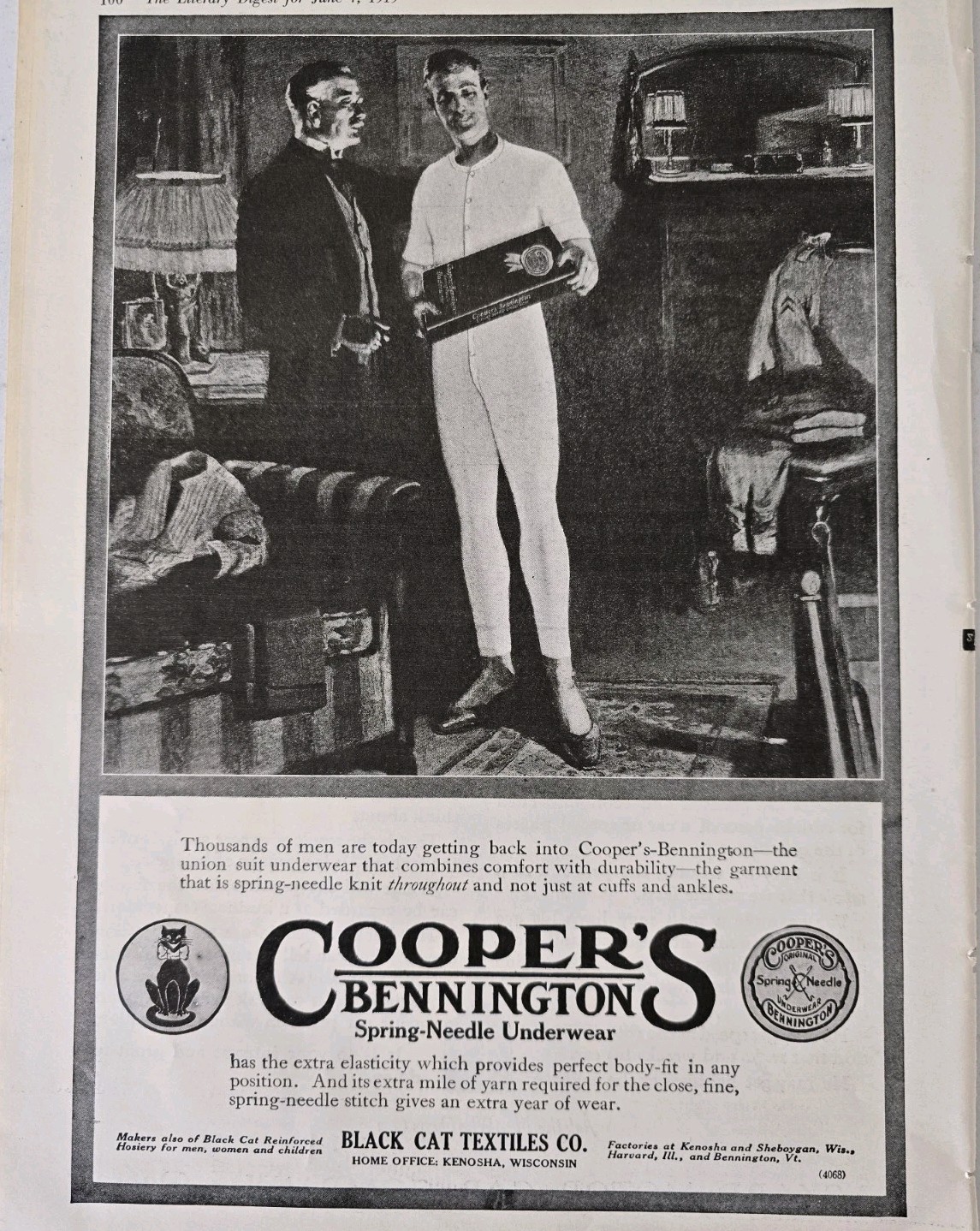 1919  Men\'s Cooper\'s Bennington Union Suit Underwear Vintage Fashion Ad 
