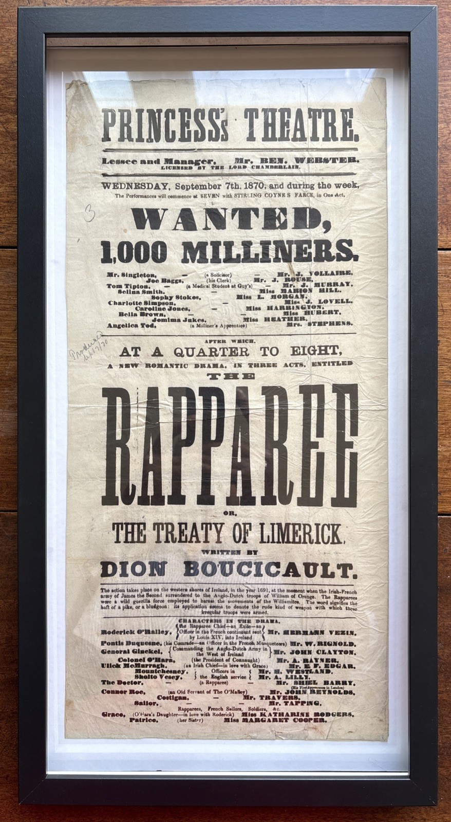 Antique Princess’s Theatre Playbill The Rapparee Dion Boucicault Ireland 1870 Antique Princess’s Theatre Playbill The Rapparee Dion Boucicault Ireland 1870