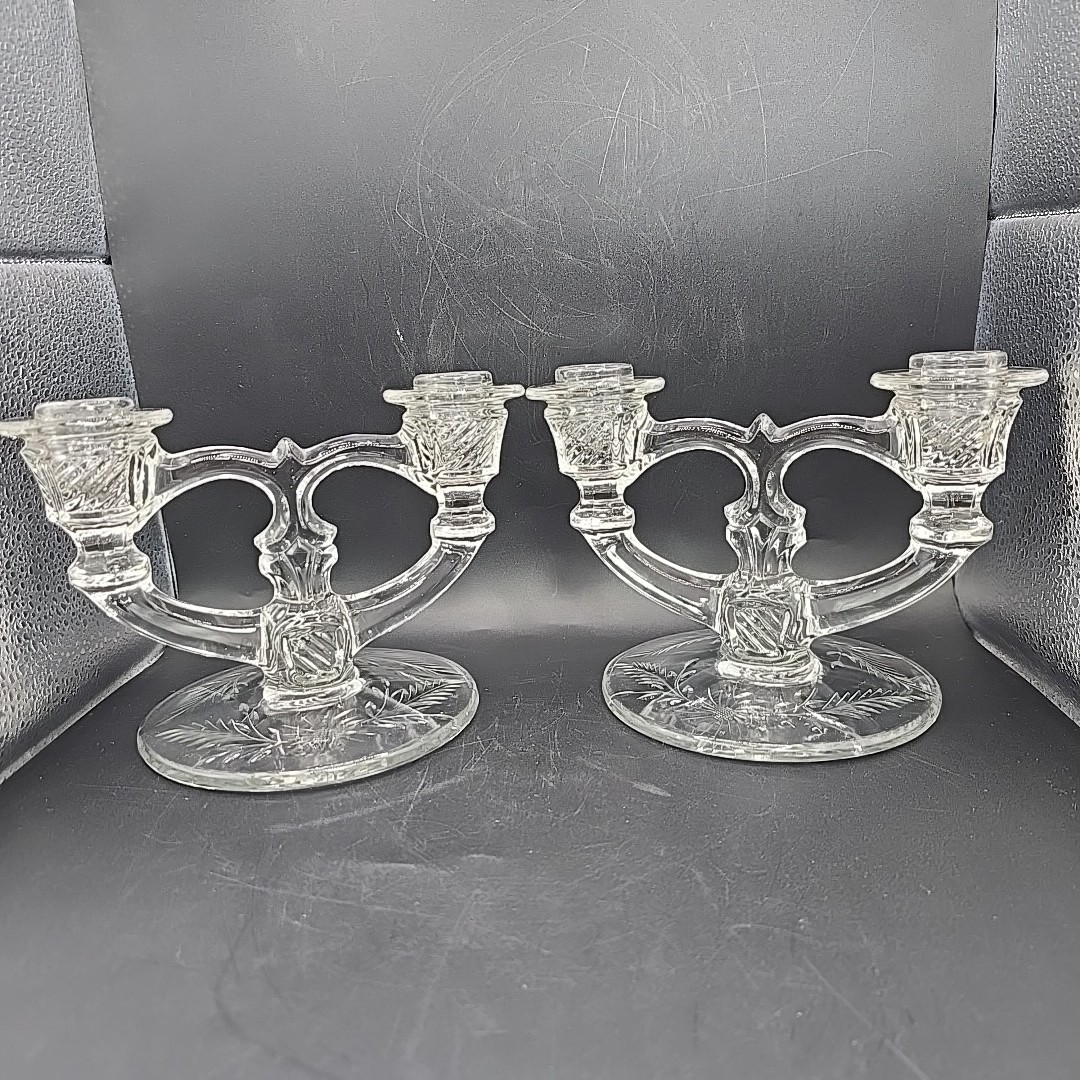 Vintage Heavy Glass Double Candle Holder Candlesticks Pair Art Deco Style Etched