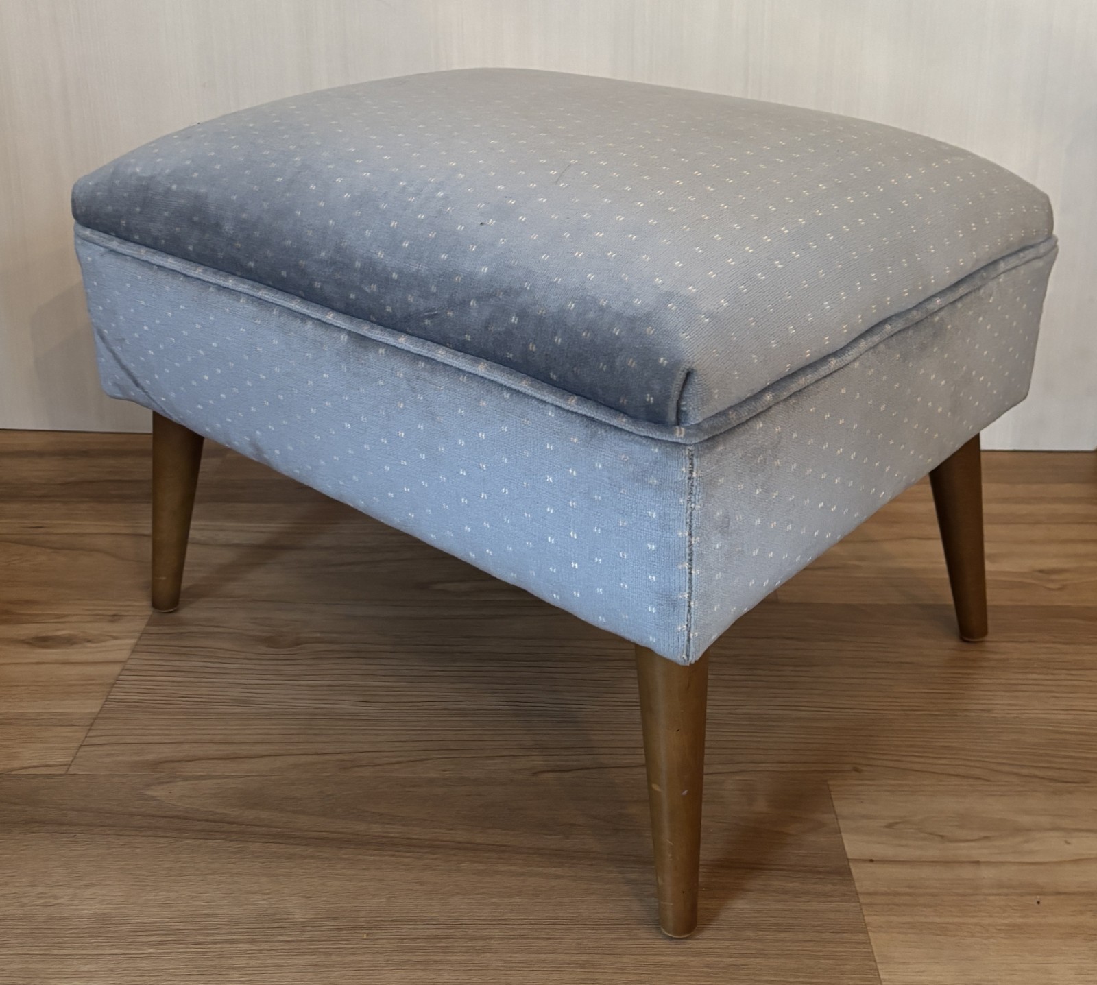 Vintage Mid Century Modern Stool Ottoman Blue Upholstered Wood Tappered Legs Vintage Mid Century Modern Stool Ottoman Blue Upholstered Wood Tappered Legs