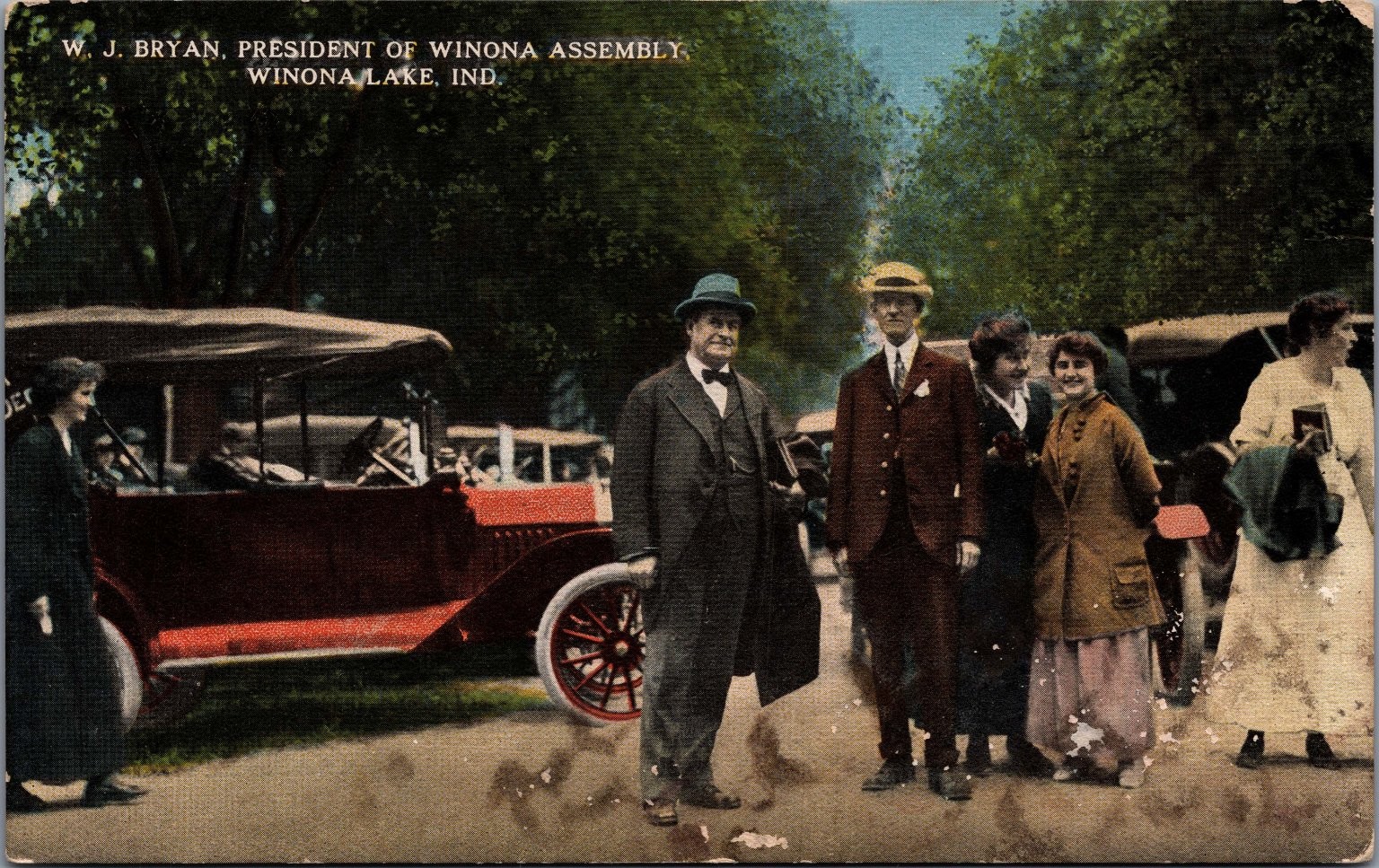 W. J. Bryan Winona Lake, Indiana Early Auto Group Photo Postcard W. J. Bryan Winona Lake, Indiana Early Auto Group Photo Postcard