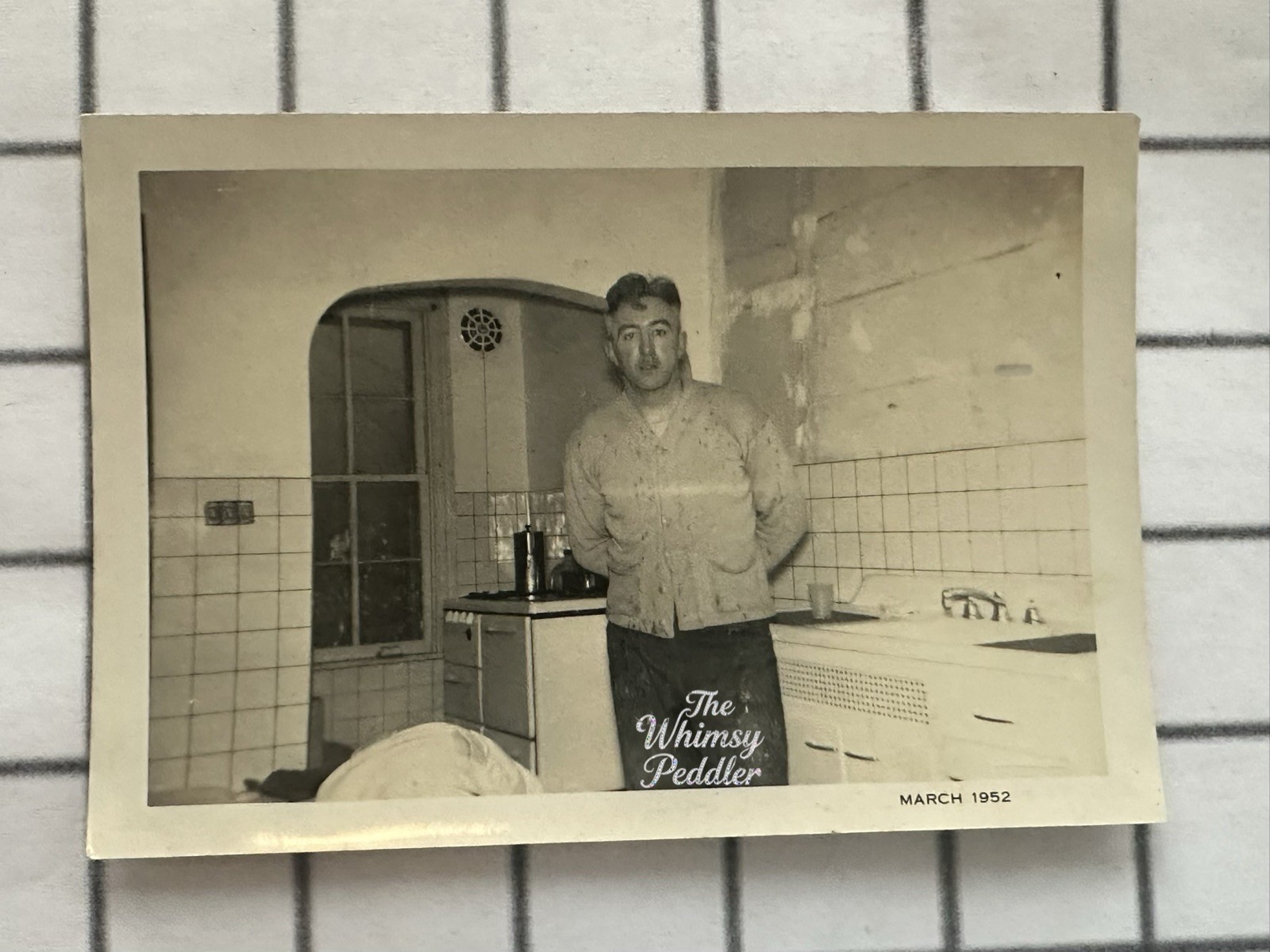 1952 Workman in Vintage Kitchen Paint-Spattered Clothes Reading PA Photo 1952 Workman in Vintage Kitchen Paint-Spattered Clothes Reading PA Photo