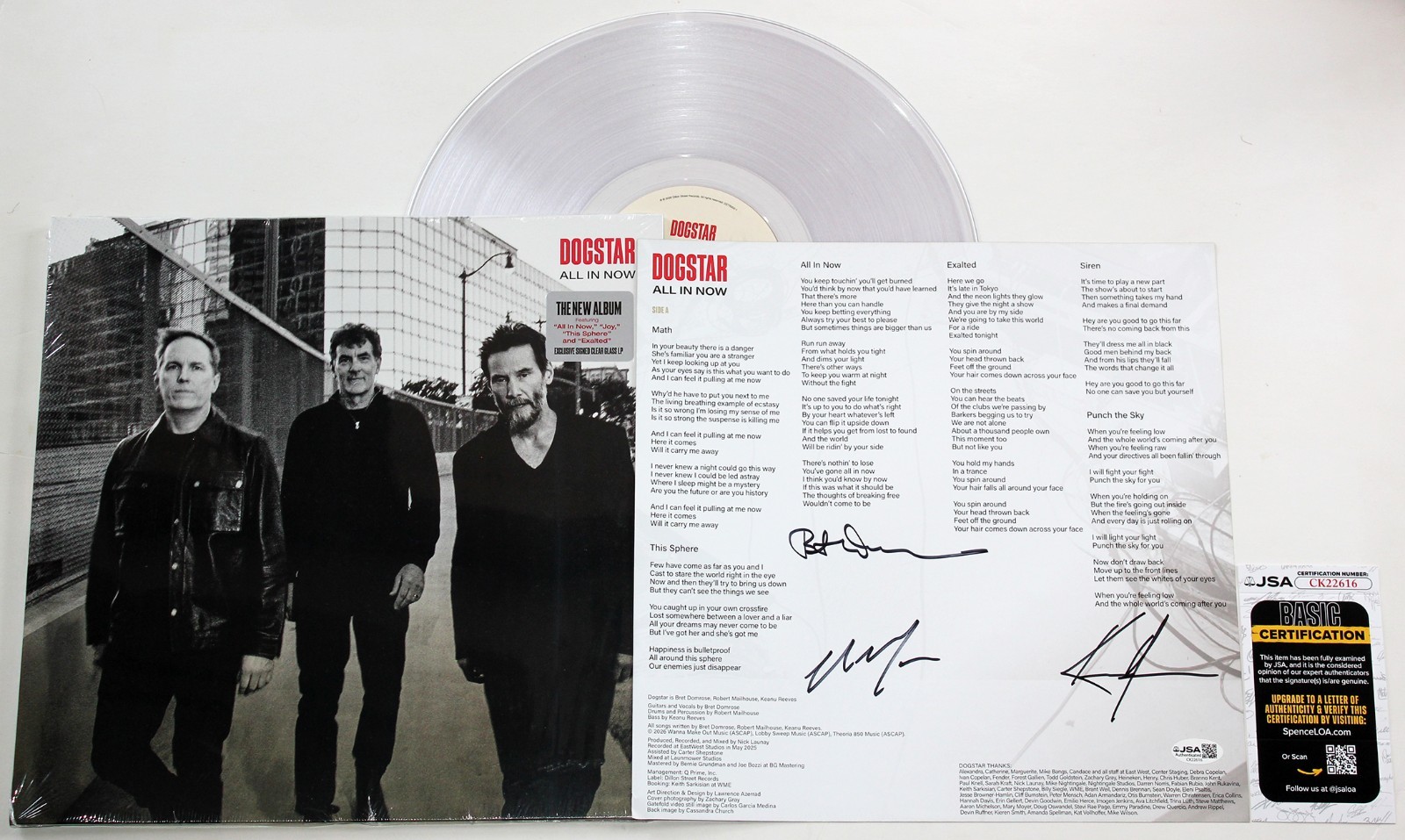 KEANU REEVES DOGSTAR BAND SIGNED ALL IN NOW POSTER & LP VINYL ALBUM AUTO JSA COA