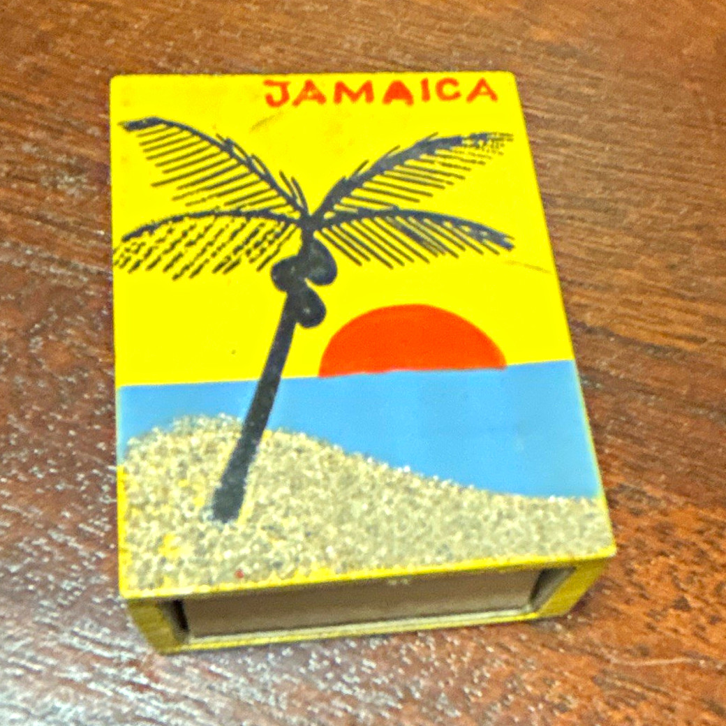 VTG Jamaica Souvenir Matchbox Yellow Palm Tree Sunset Scene Jamaican Design